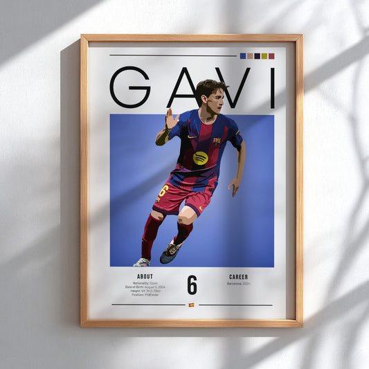 Gavi soccer art print featuring vibrant colors and modern illustration style, perfect for sports wall decor.