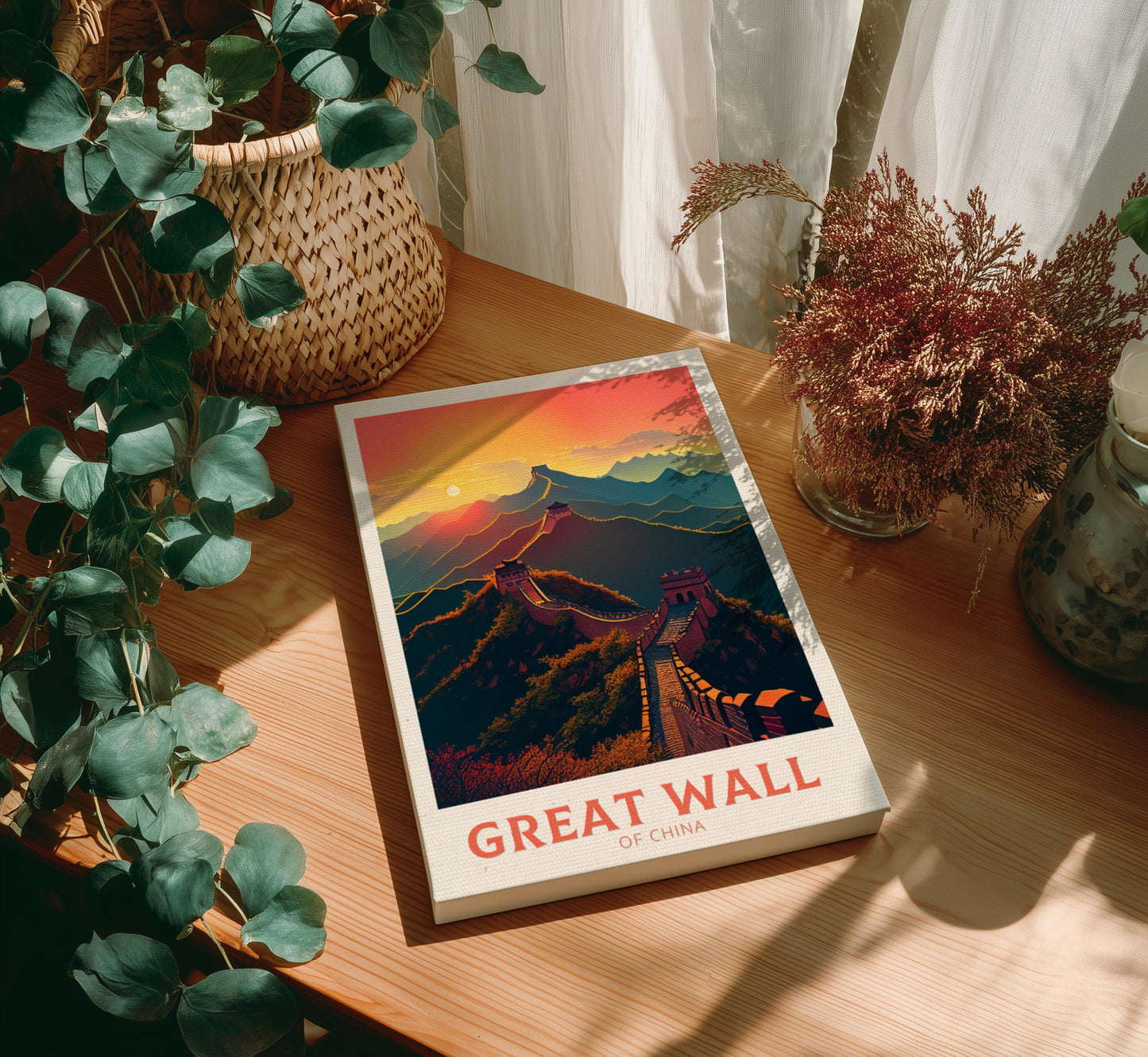 Canvas 'Great Wall of China' on a wooden table with plants around
