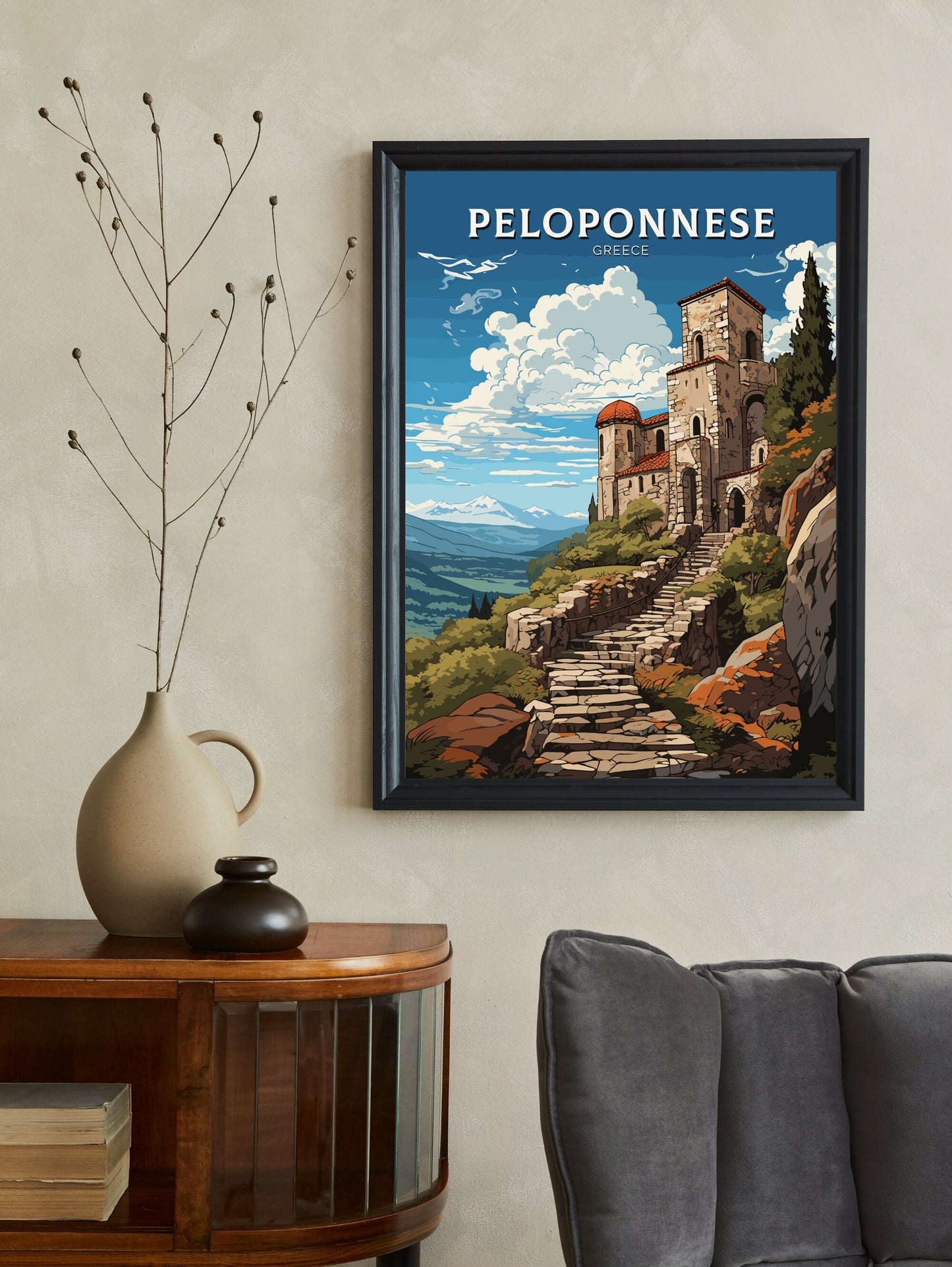Peloponnese Travel Poster | Peloponnese Print | Illustration | Greece Print | Greece Home Décor | Peloponnese Art | Mystras ID 594