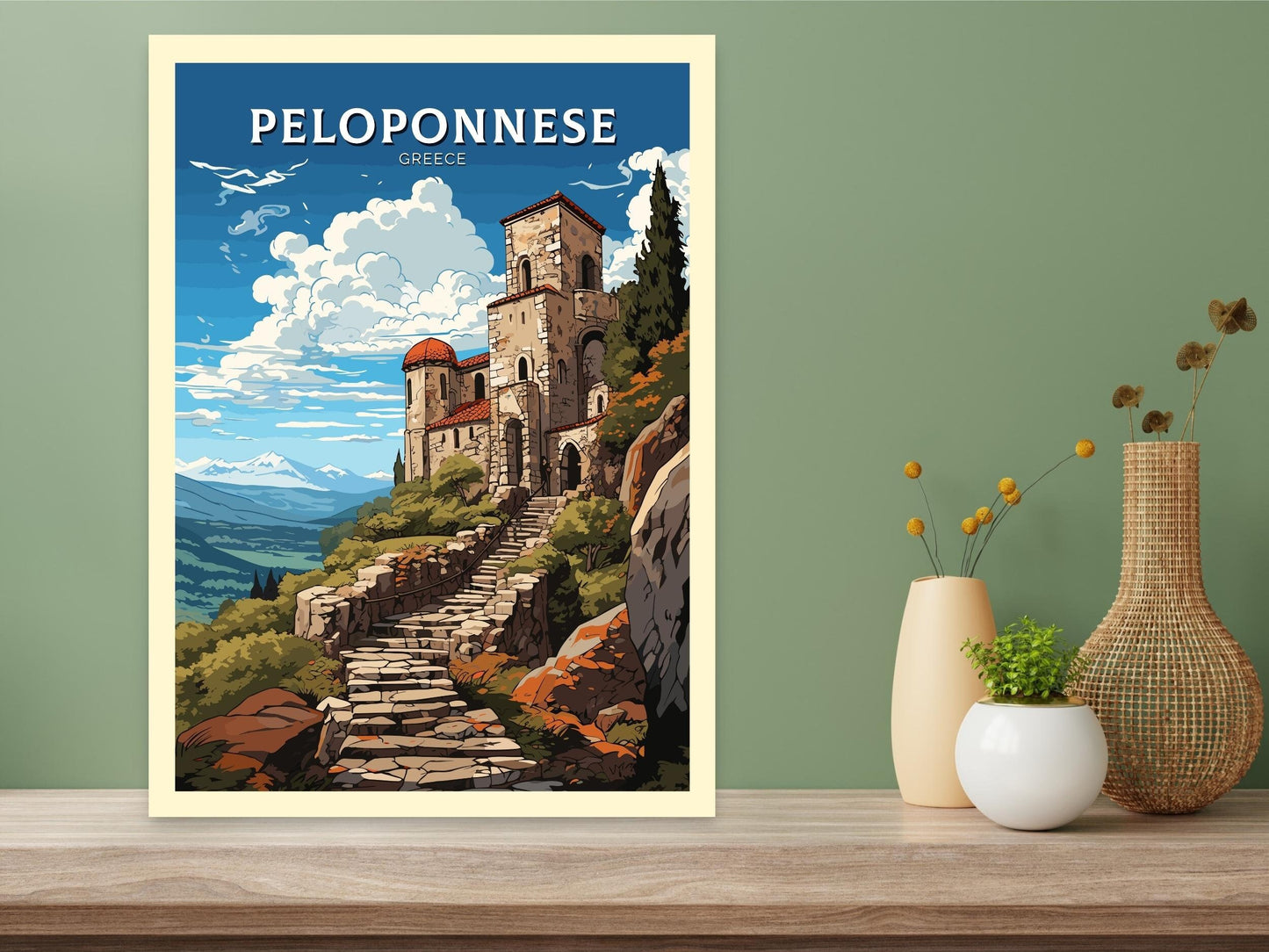 Peloponnese Travel Poster | Peloponnese Print | Illustration | Greece Print | Greece Home Décor | Peloponnese Art | Mystras ID 594