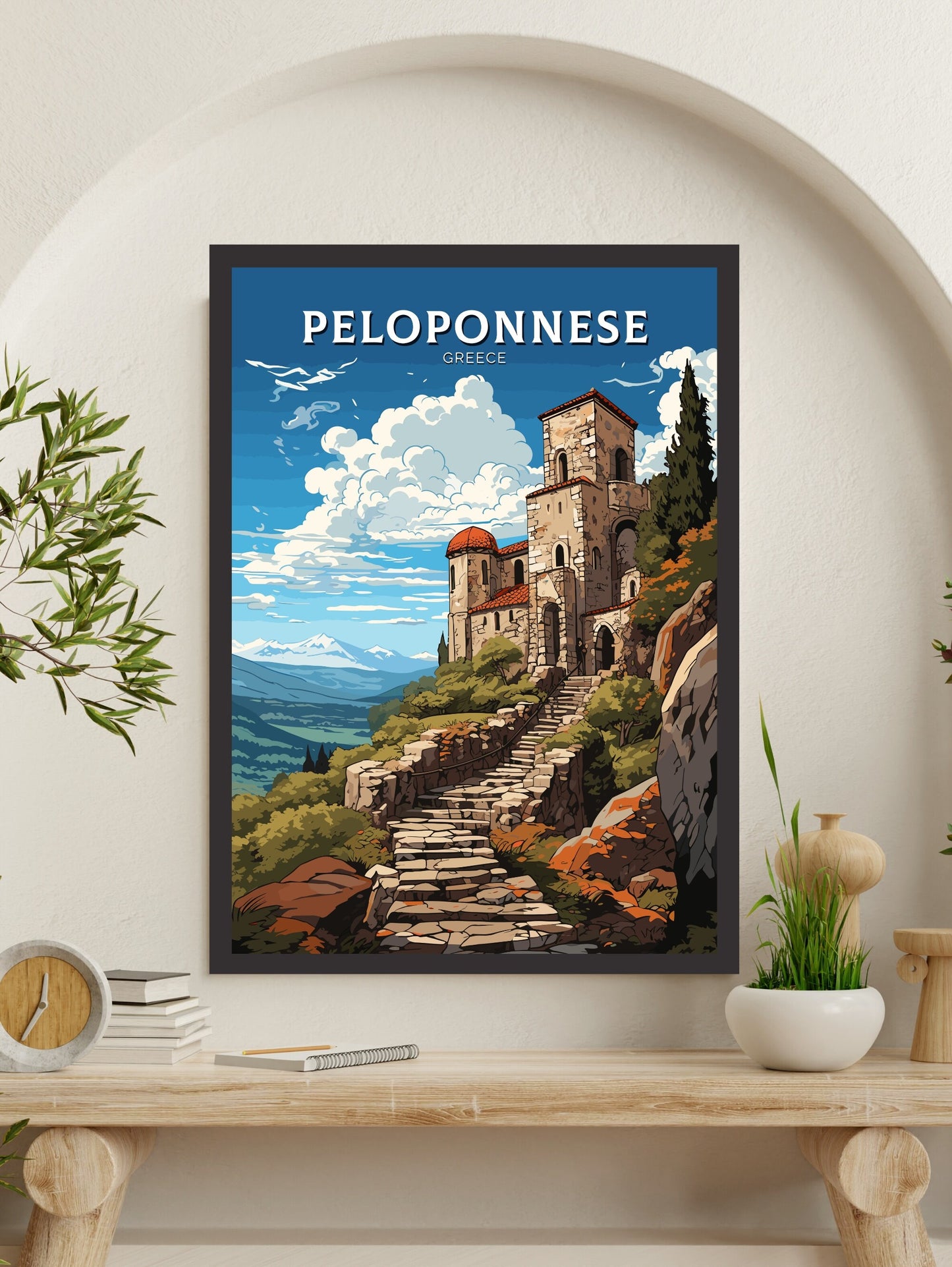 Peloponnese Travel Poster | Peloponnese Print | Illustration | Greece Print | Greece Home Décor | Peloponnese Art | Mystras ID 594