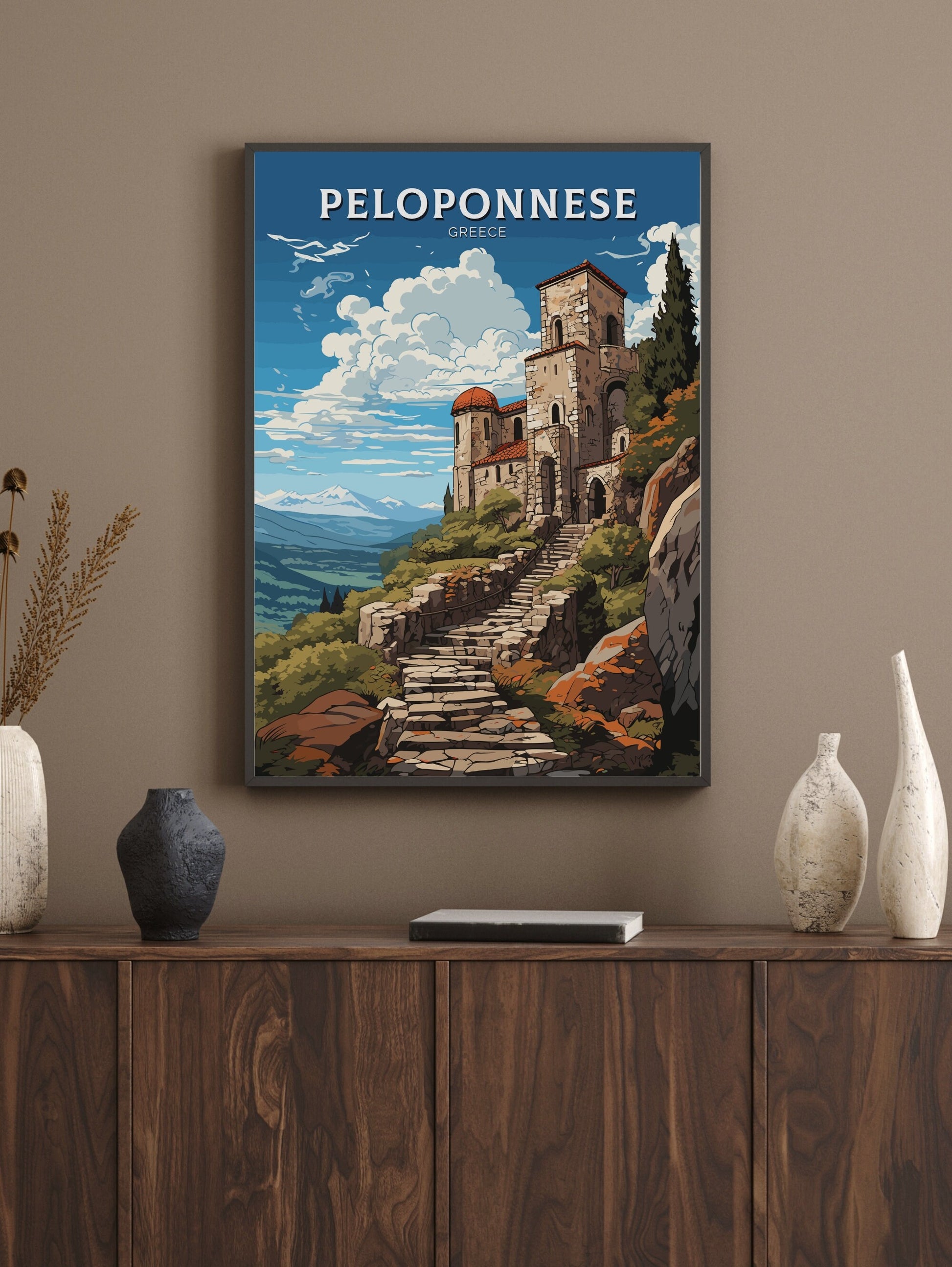 Peloponnese Travel Poster | Peloponnese Print | Illustration | Greece Print | Greece Home Décor | Peloponnese Art | Mystras ID 594