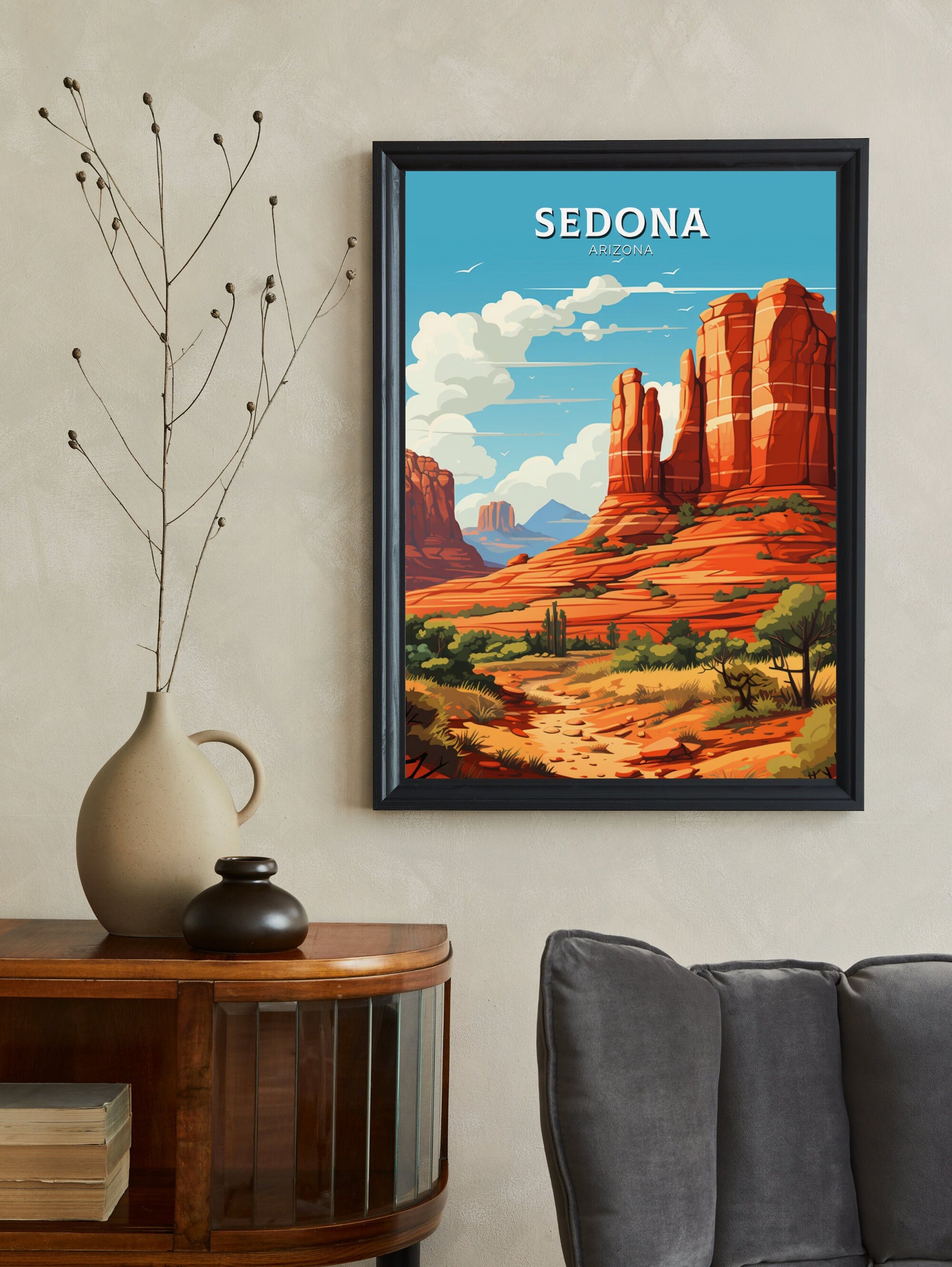 Sedona Travel Print | Sedona Arizona Poster | Sedona Illustration | Arizona Travel Print | Sedona Wall Art | Red Rock Formations | ID 902