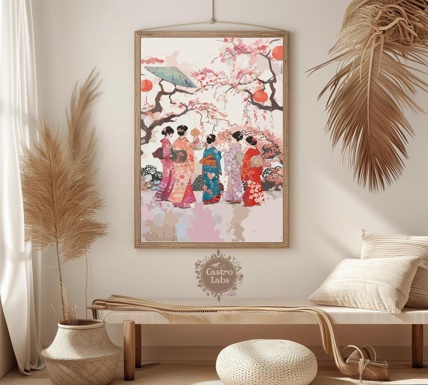 Elegant Japanese Women in Kimonos - Cherry Blossom Serenity Poster