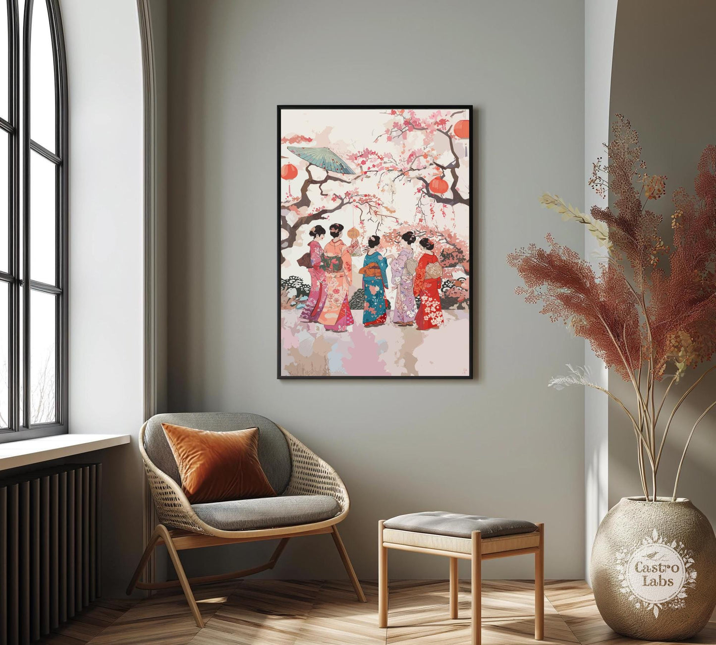 Elegant Japanese Women in Kimonos - Cherry Blossom Serenity Poster