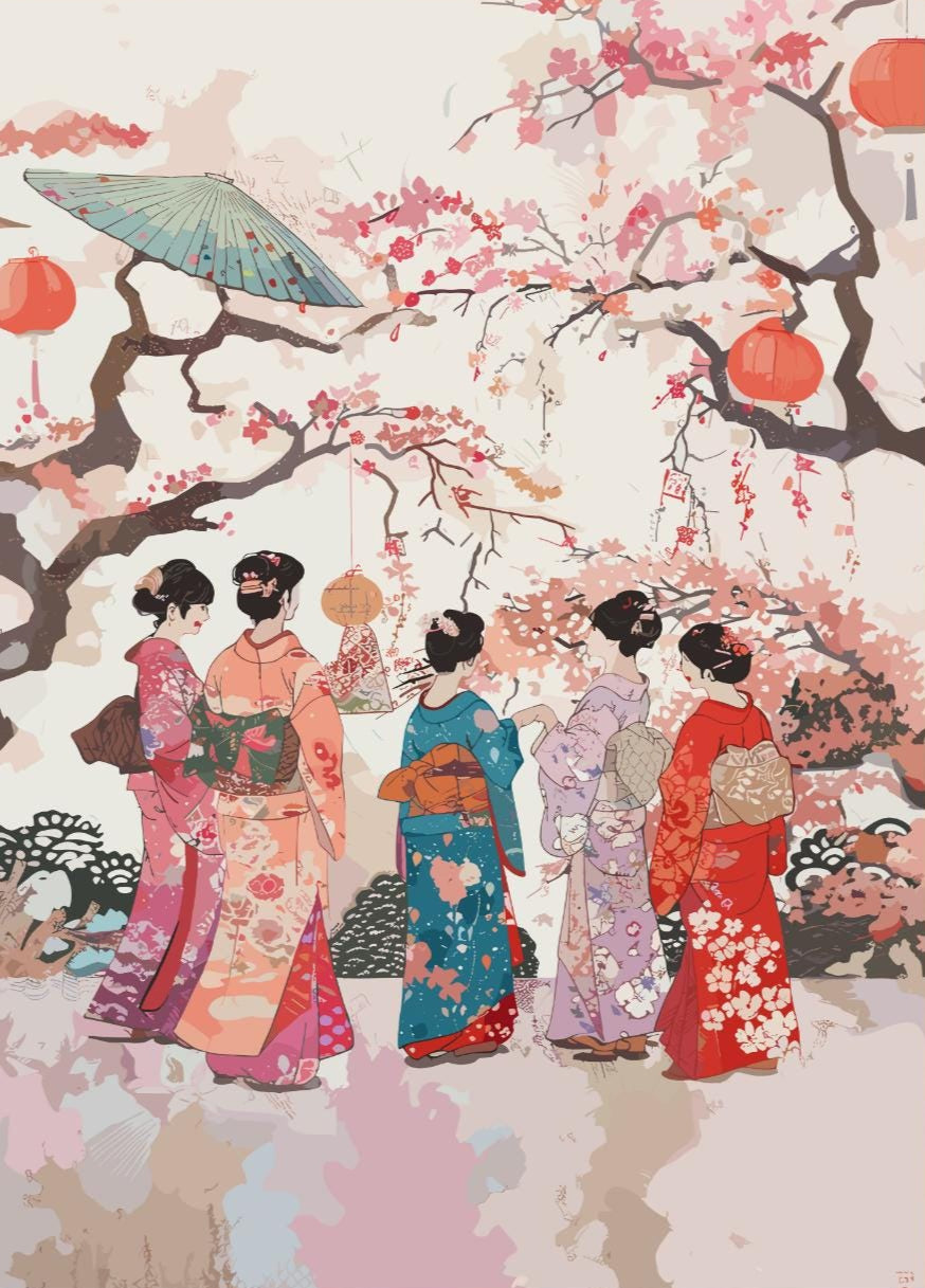 Elegant Japanese Women in Kimonos - Cherry Blossom Serenity Poster