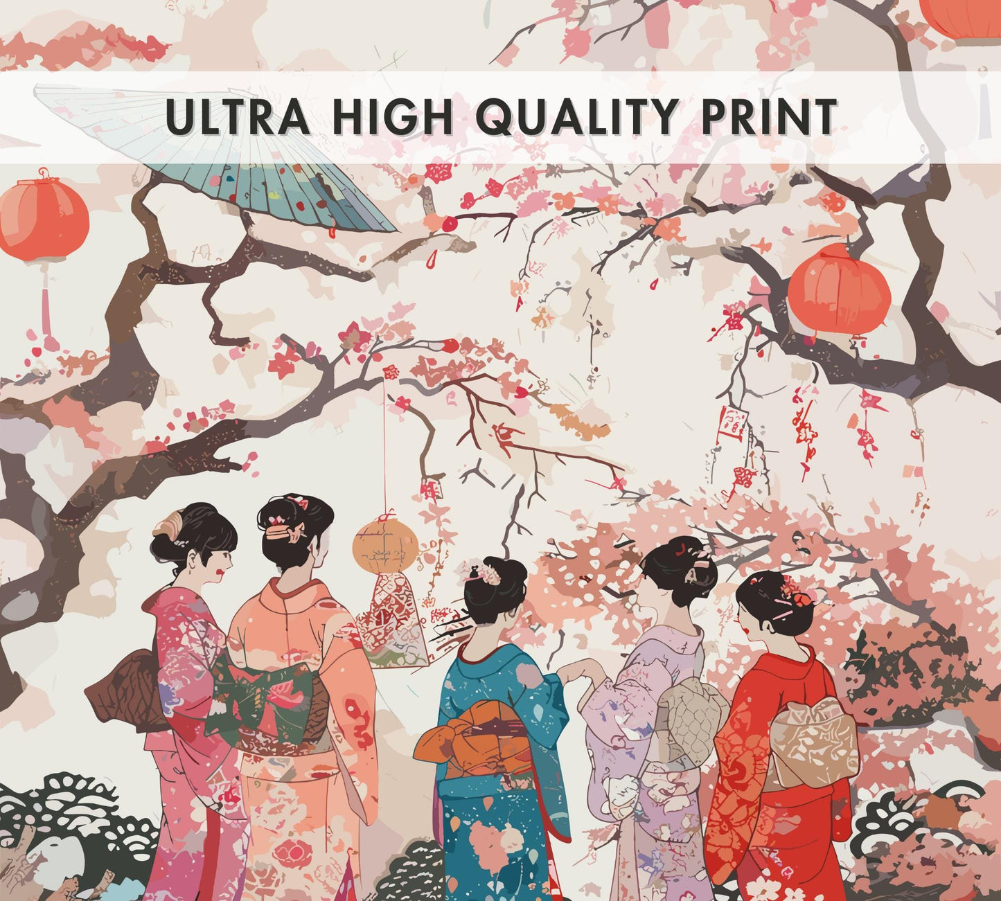 Elegant Japanese Women in Kimonos - Cherry Blossom Serenity Poster