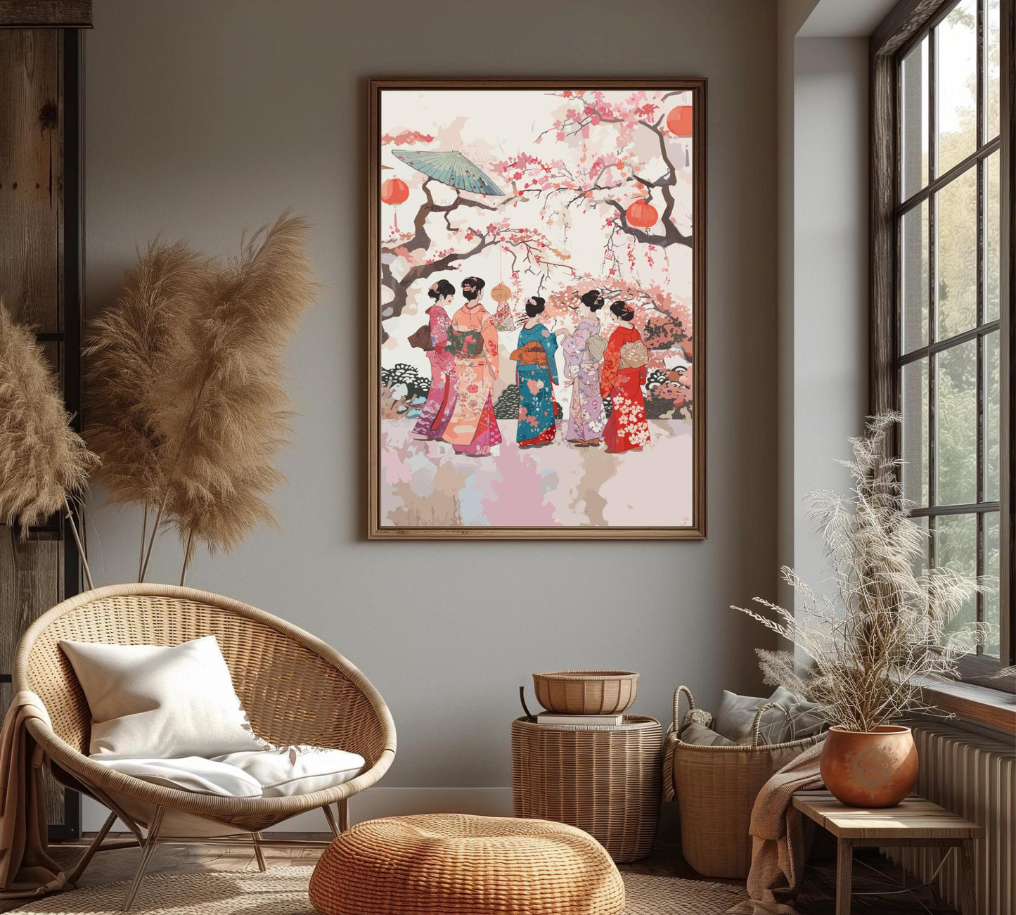 Elegant Japanese Women in Kimonos - Cherry Blossom Serenity Poster