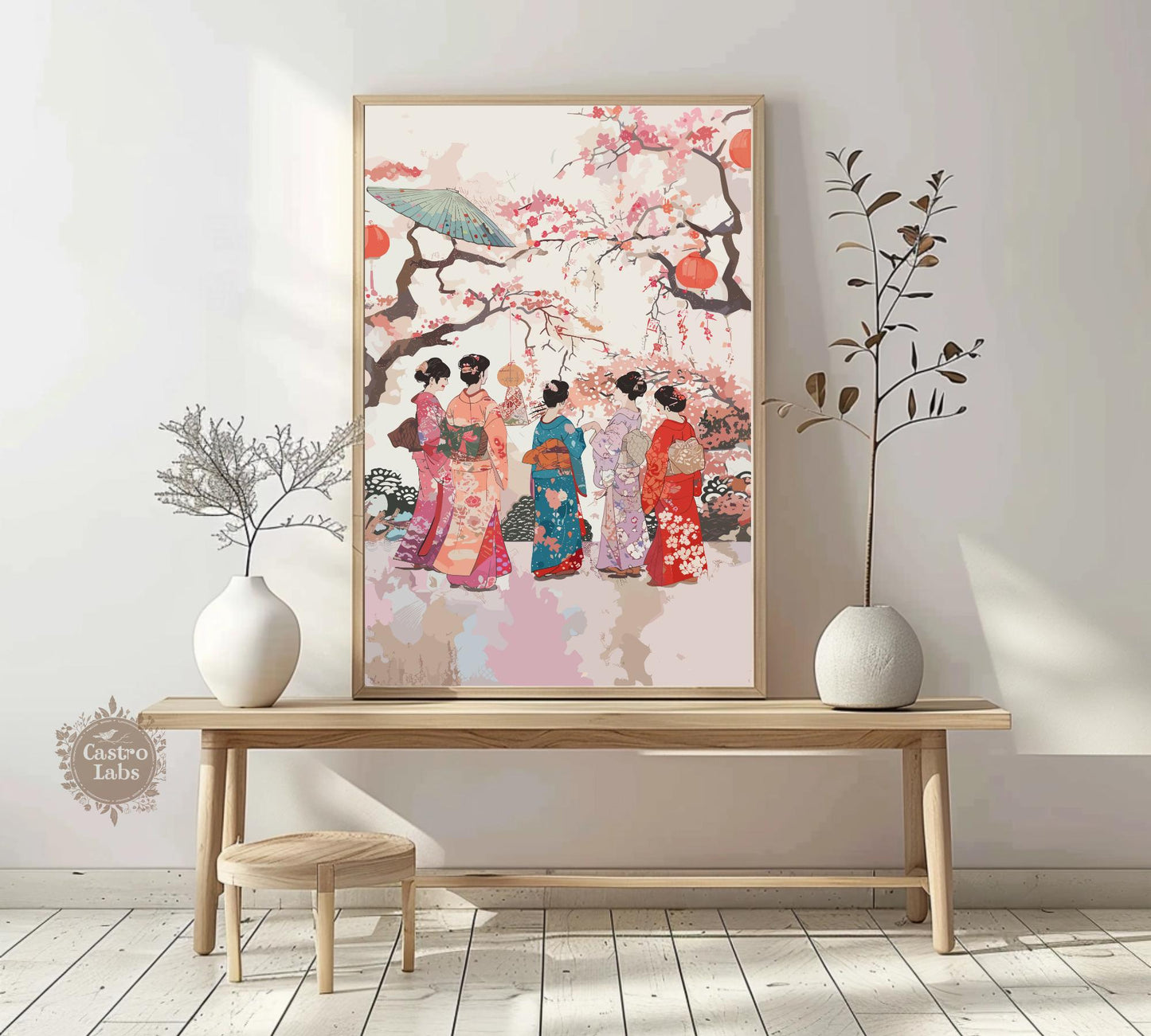 Elegant Japanese Women in Kimonos - Cherry Blossom Serenity Poster