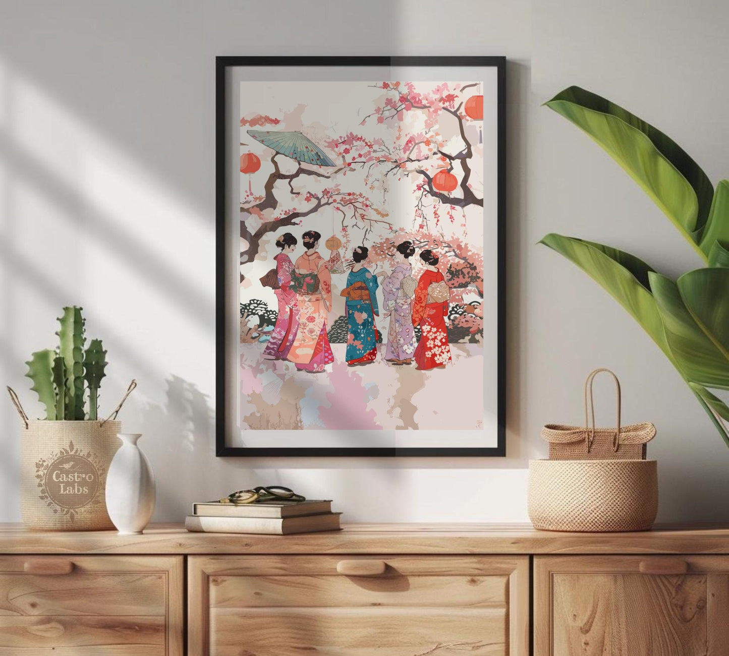 Elegant Japanese Women in Kimonos - Cherry Blossom Serenity Poster