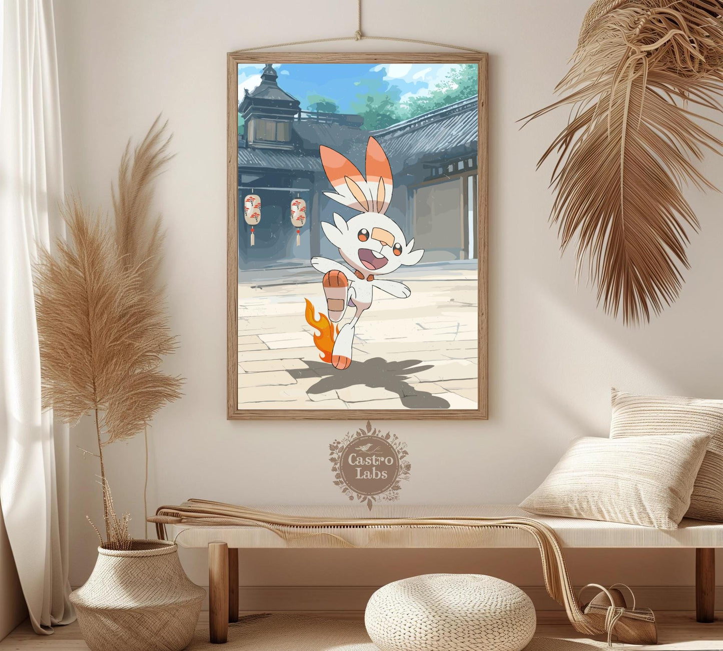 Scorbunny: Japanese Tapestry Style Pokemon Anime Poster