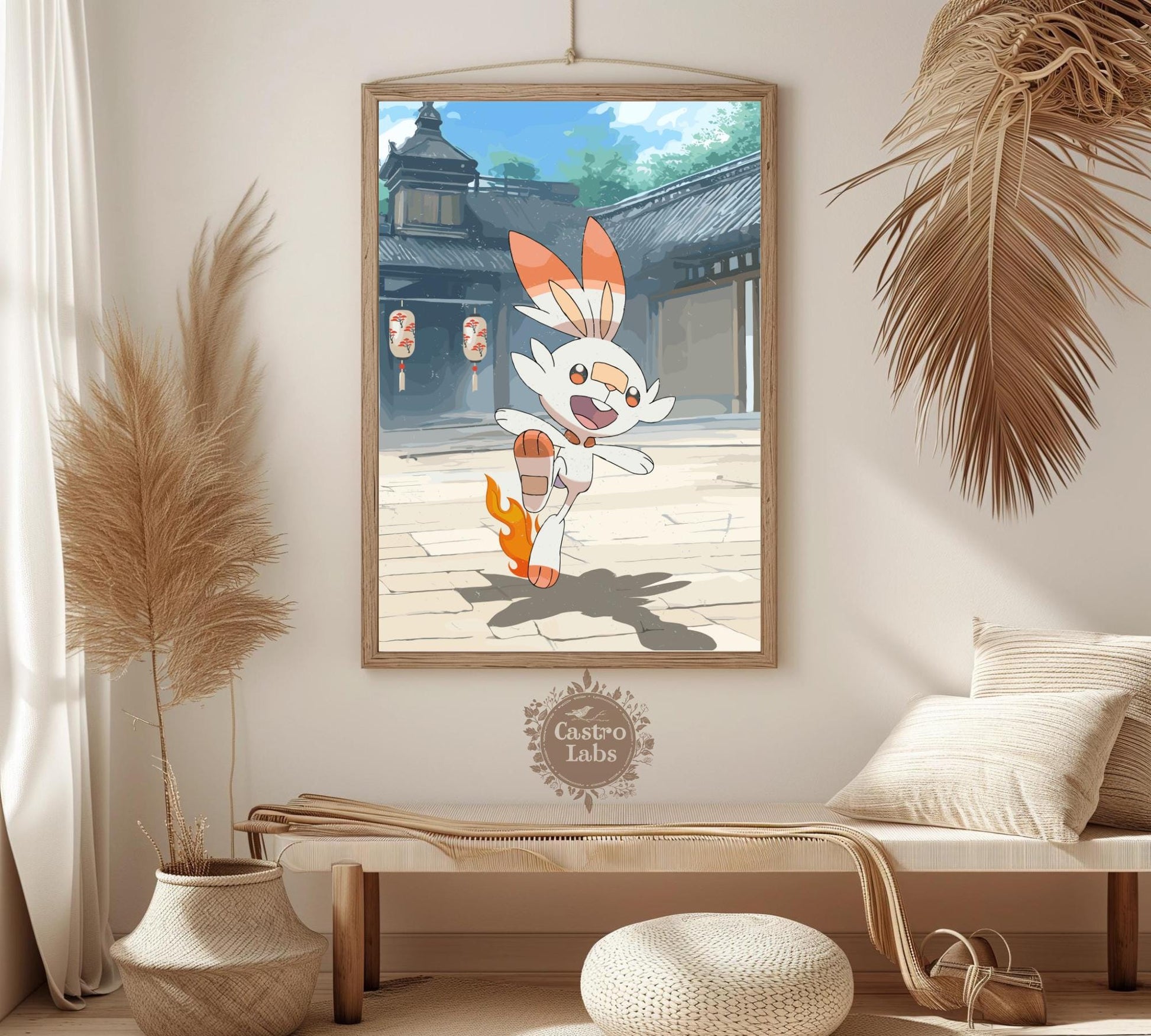 Scorbunny: Japanese Tapestry Style Pokemon Anime Poster