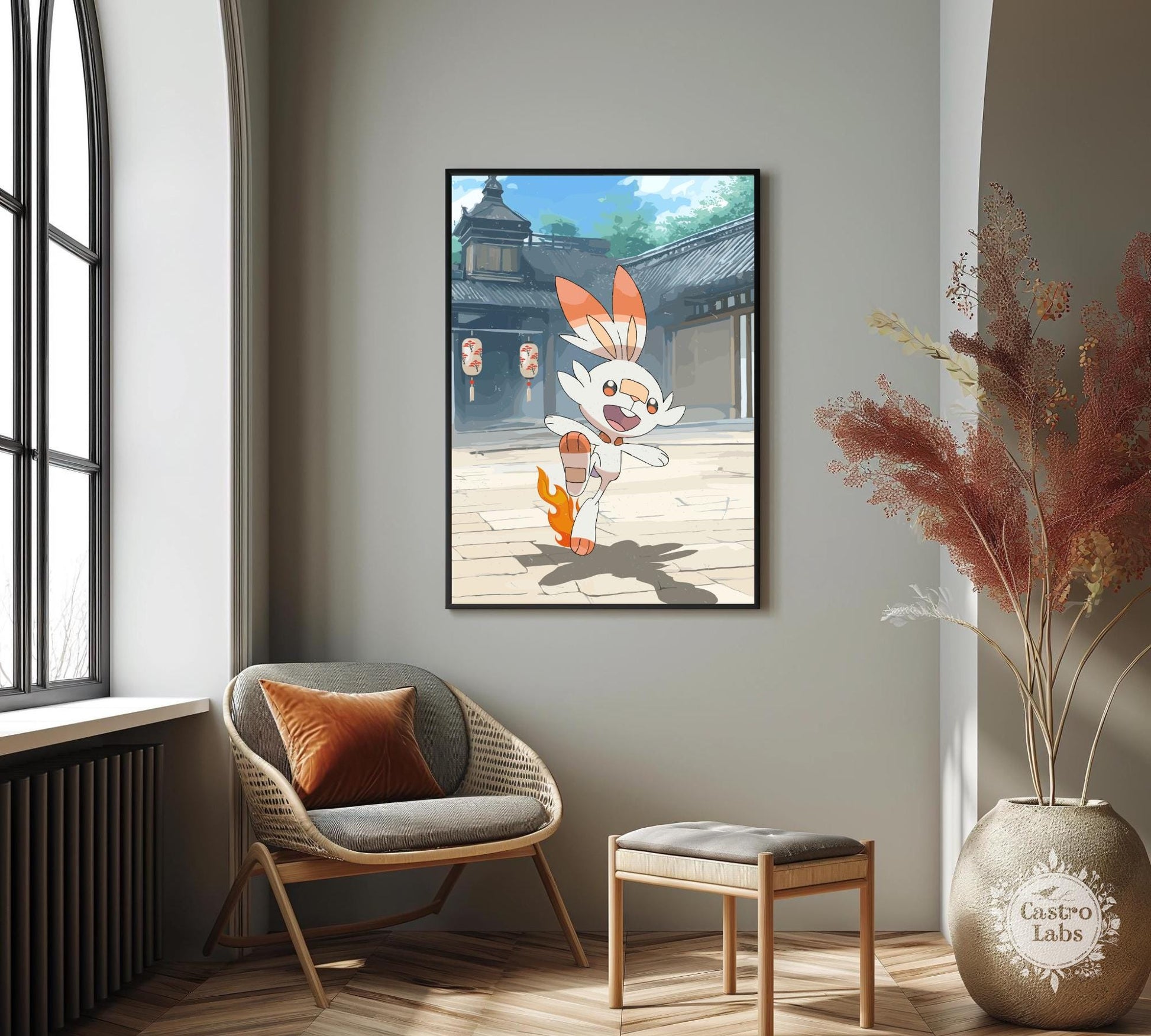 Scorbunny: Japanese Tapestry Style Pokemon Anime Poster