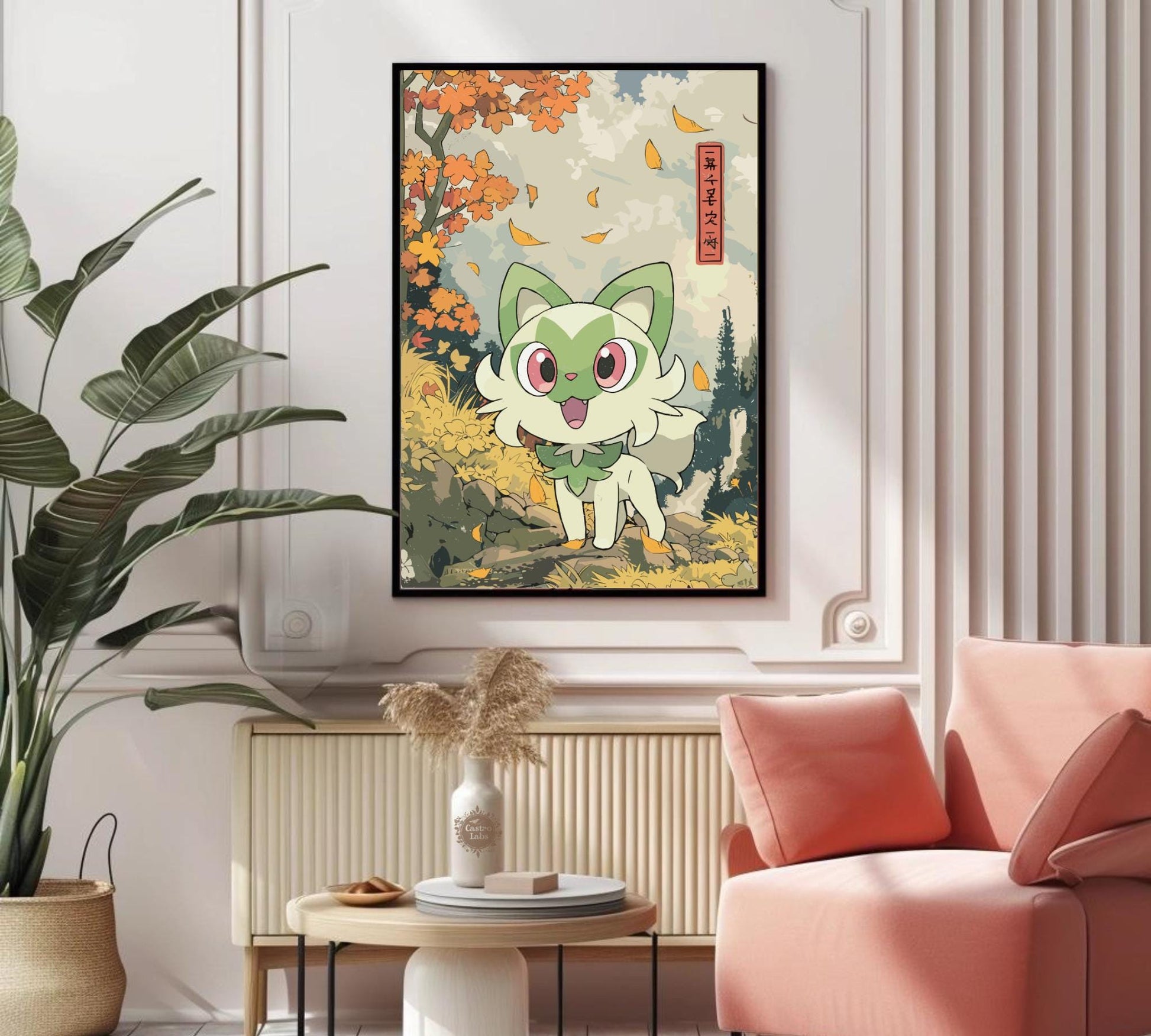 Sprigatito: Japanese Tapestry Style Pokemon Anime Poster