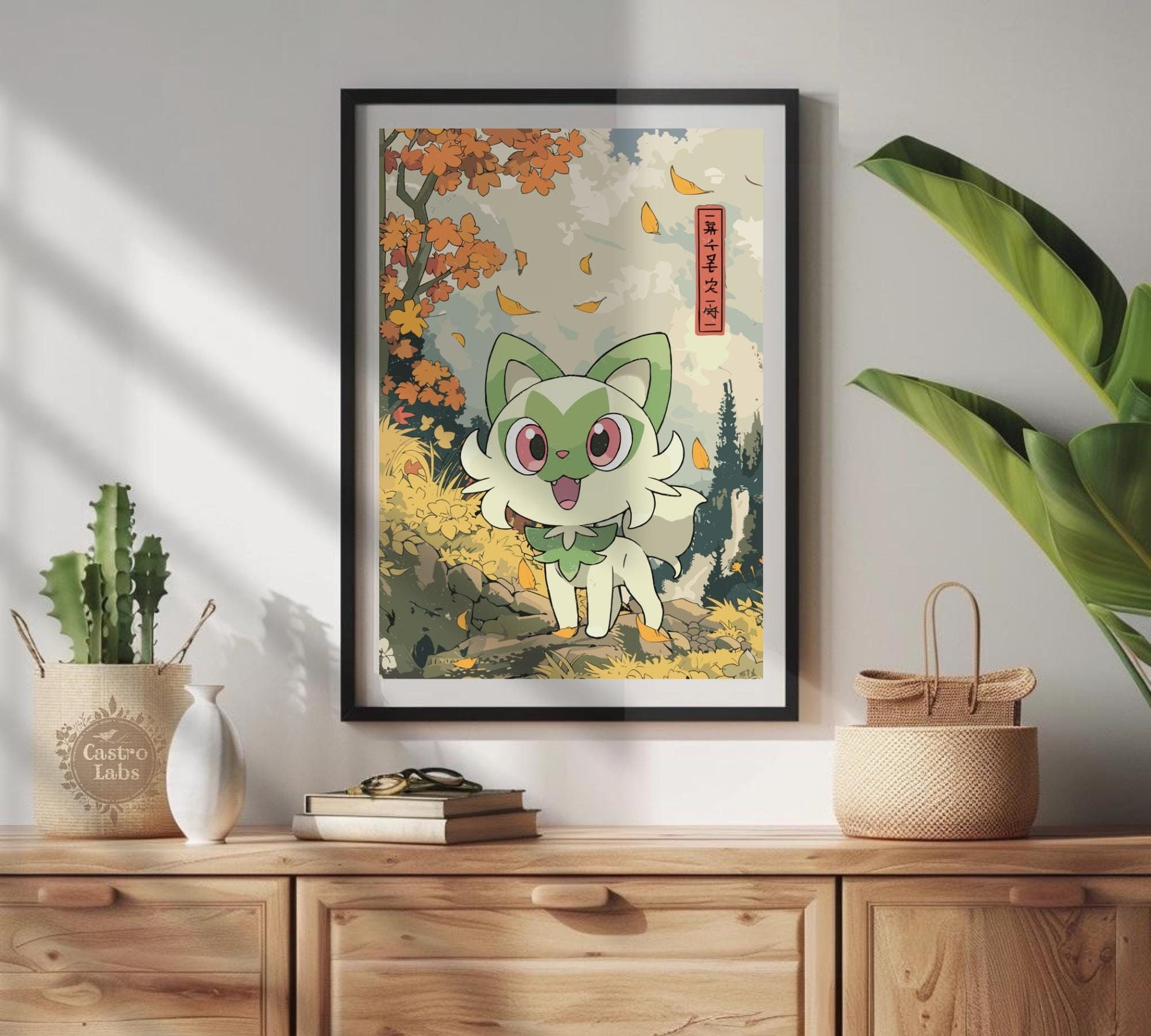 Sprigatito: Japanese Tapestry Style Pokemon Anime Poster