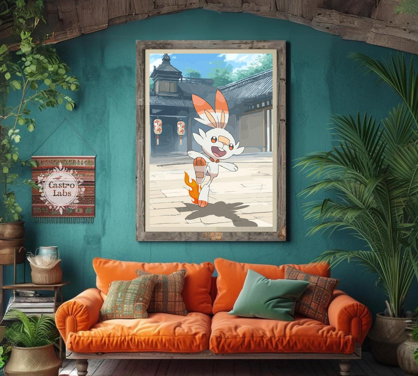 Scorbunny: Japanese Tapestry Style Pokemon Anime Poster