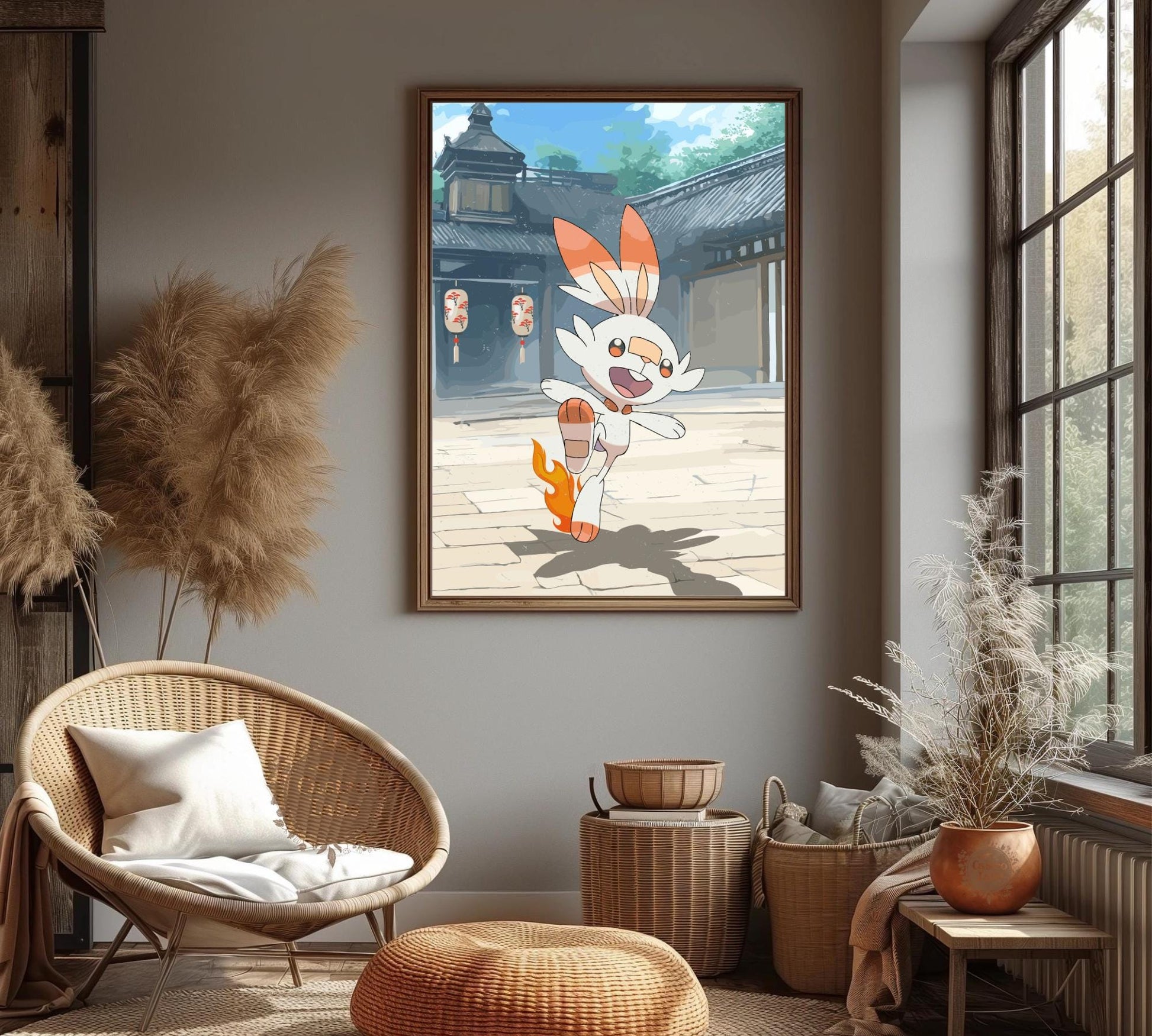 Scorbunny: Japanese Tapestry Style Pokemon Anime Poster