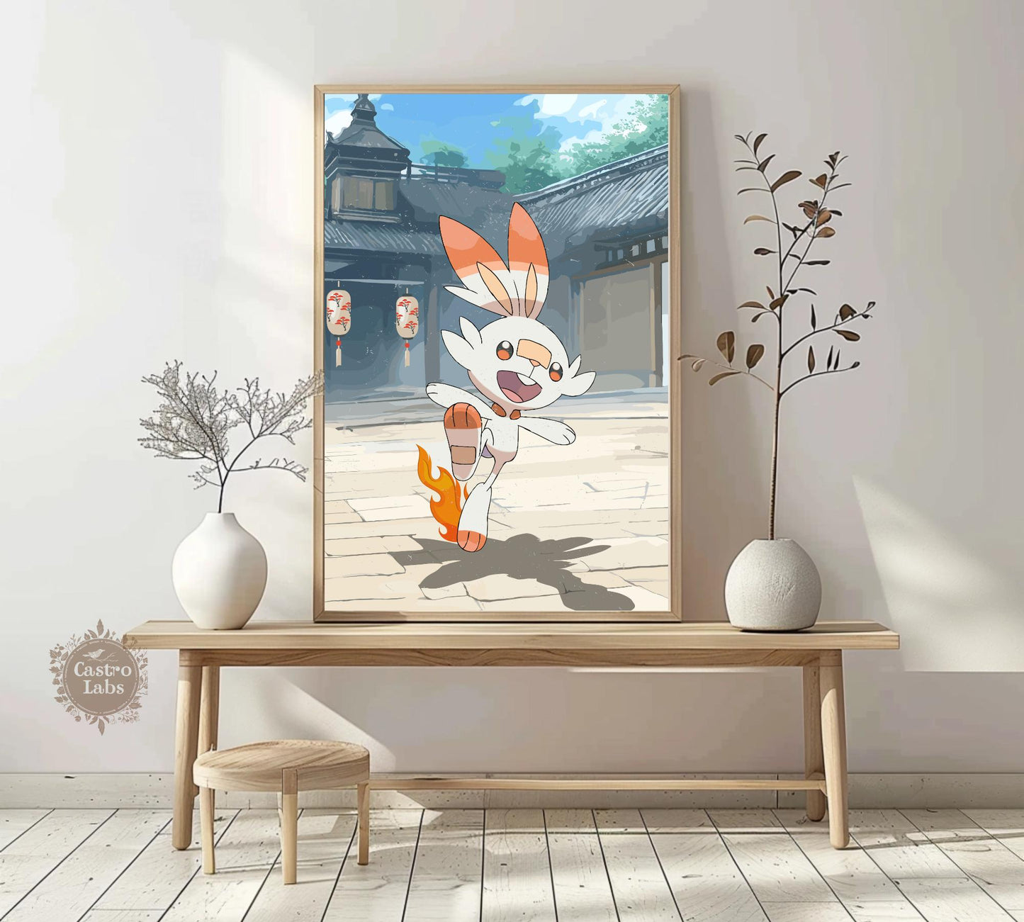Scorbunny: Japanese Tapestry Style Pokemon Anime Poster