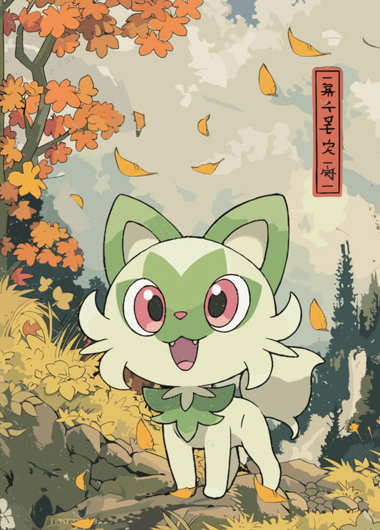 Sprigatito: Japanese Tapestry Style Pokemon Anime Poster