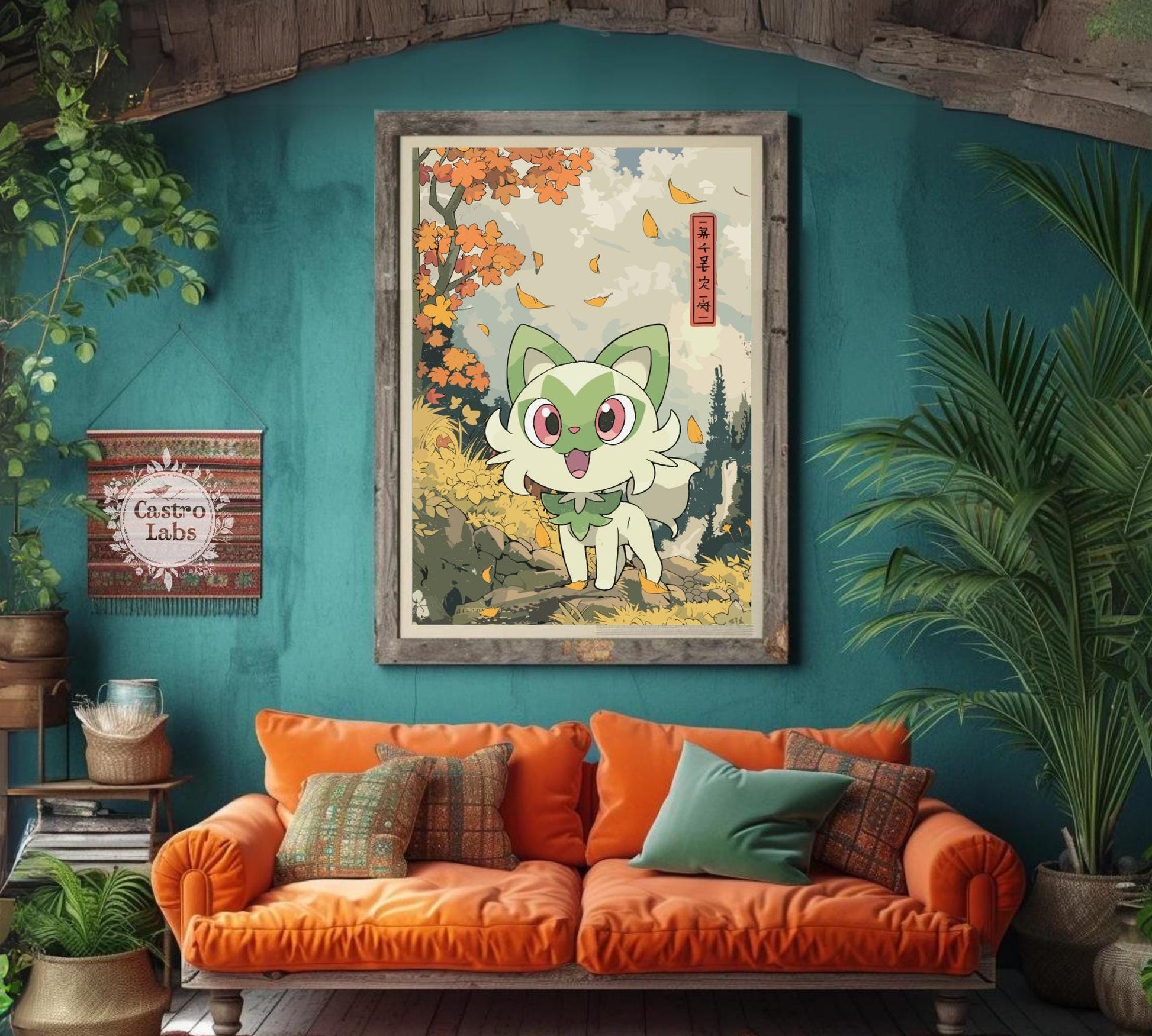 Sprigatito: Japanese Tapestry Style Pokemon Anime Poster