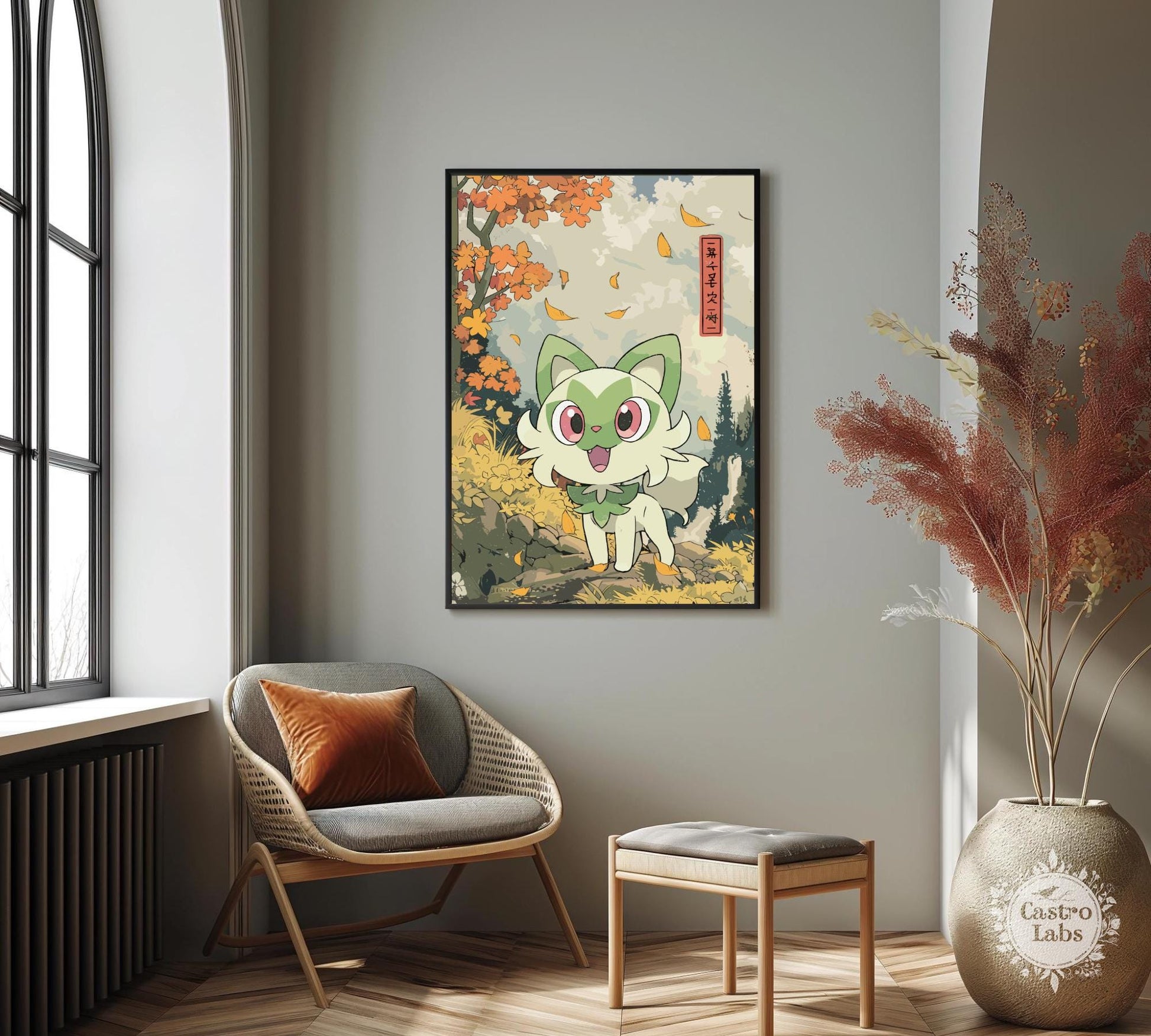 Sprigatito: Japanese Tapestry Style Pokemon Anime Poster
