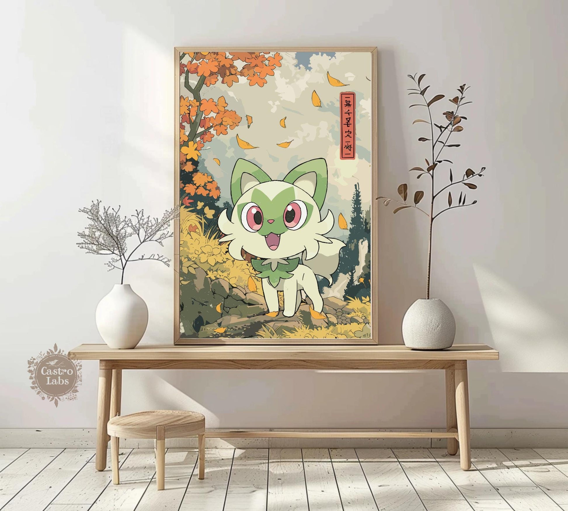 Sprigatito: Japanese Tapestry Style Pokemon Anime Poster