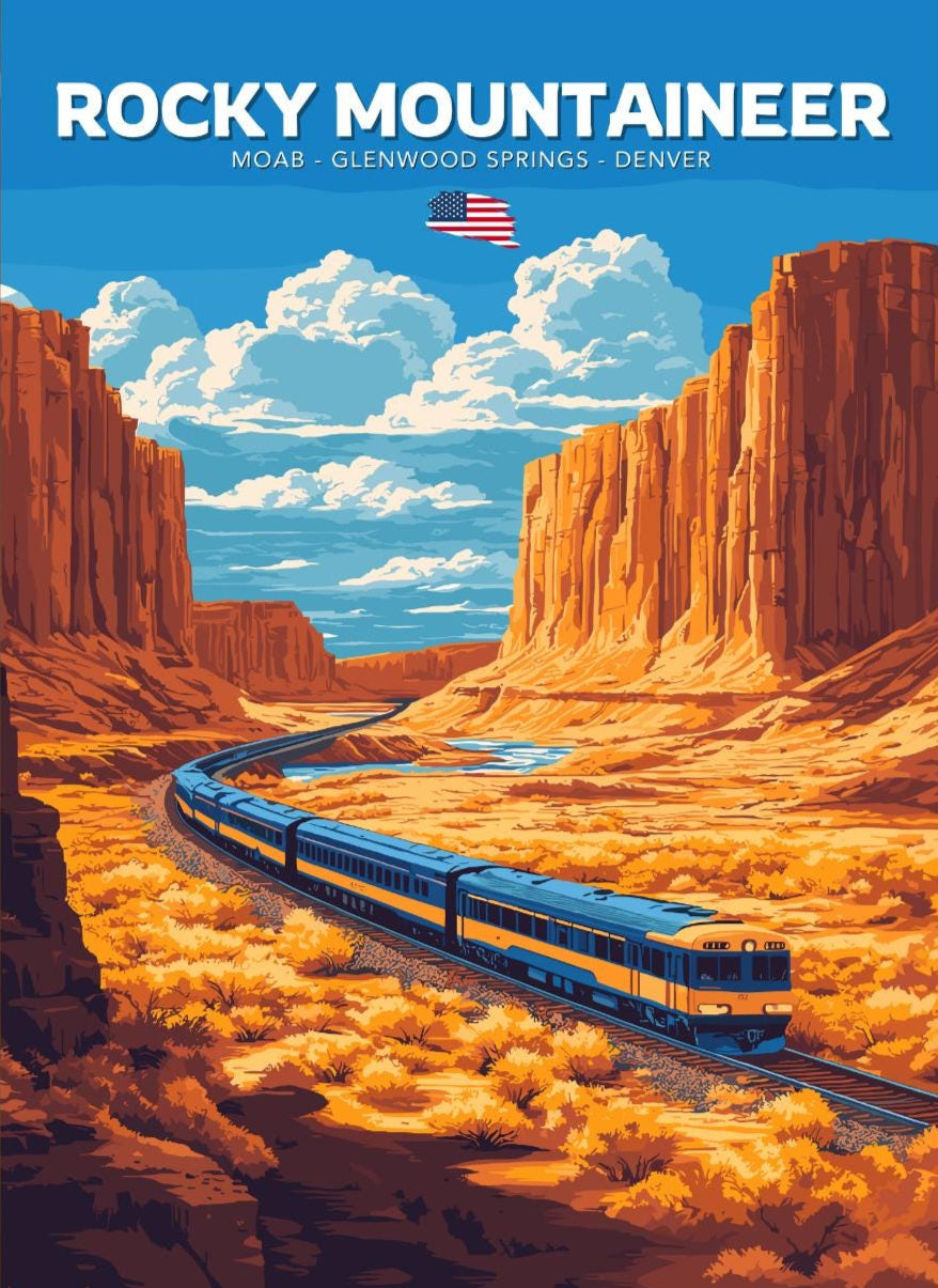 Rocky Mountaineer Travel Poster, Rocky Mountaineer Railway Art, Scenic Train Rides Art, Train Poster, Moab Art, Glenwood Springs, Denver Art