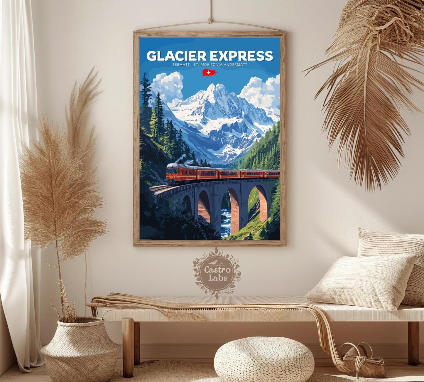 Glacier Express Travel Poster, Glacier Express Railway Art, Scenic Train Rides Art, Train Poster, Zermatt - St. Moritz via Andermatt Route