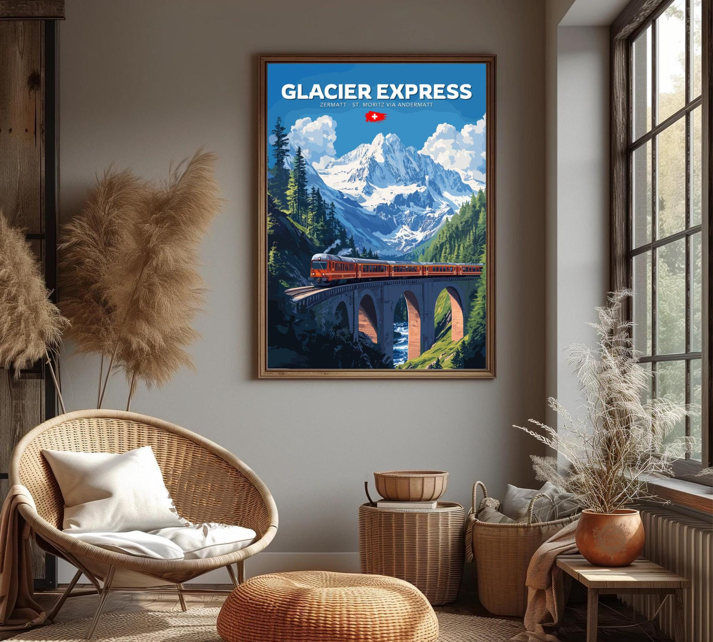 Glacier Express Travel Poster, Glacier Express Railway Art, Scenic Train Rides Art, Train Poster, Zermatt - St. Moritz via Andermatt Route