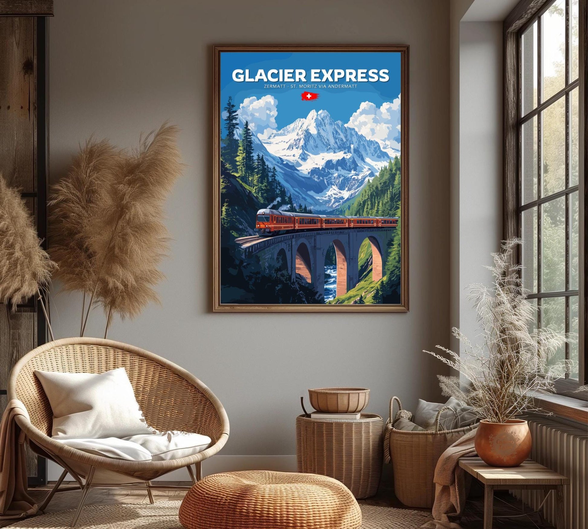 Glacier Express Travel Poster, Glacier Express Railway Art, Scenic Train Rides Art, Train Poster, Zermatt - St. Moritz via Andermatt Route