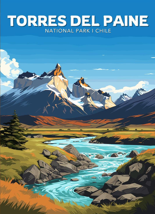 Torres del Paine Travel Poster,  Torres del Paine National Park Art, Torres del Paine Park, Chile National Park, Home Décor, Patagonia Print