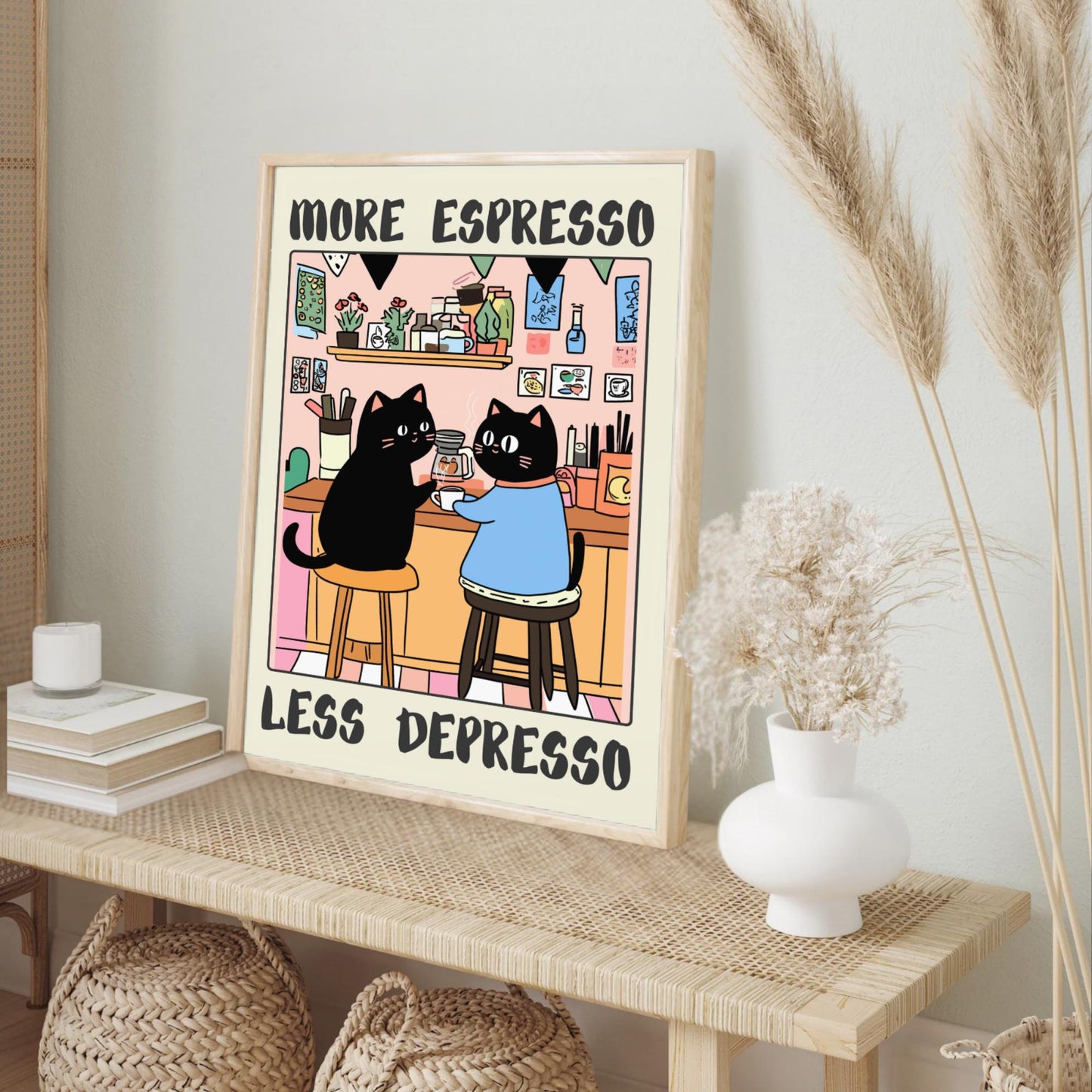 More Espresso Less Depresso – Black Cat Coffee Poster, Funny Coffee Art, Kitchen Decor, Espresso Bar, Cat Art, Coffee Lover Gift #ESSPRESO2