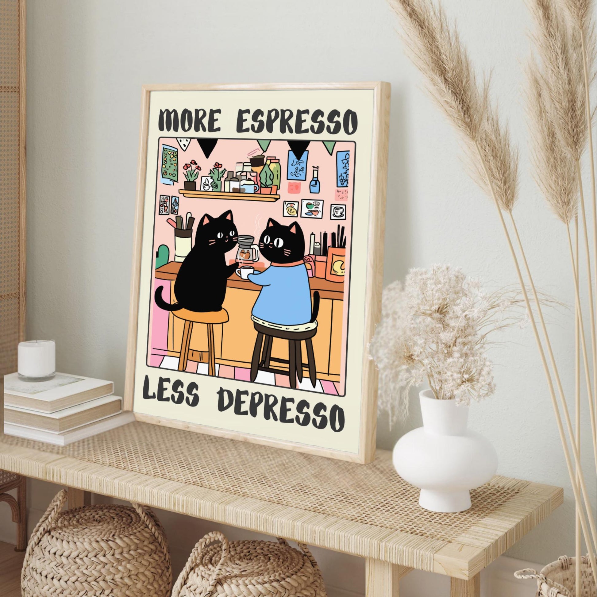 More Espresso Less Depresso – Black Cat Coffee Poster, Funny Coffee Art, Kitchen Decor, Espresso Bar, Cat Art, Coffee Lover Gift #ESSPRESO2