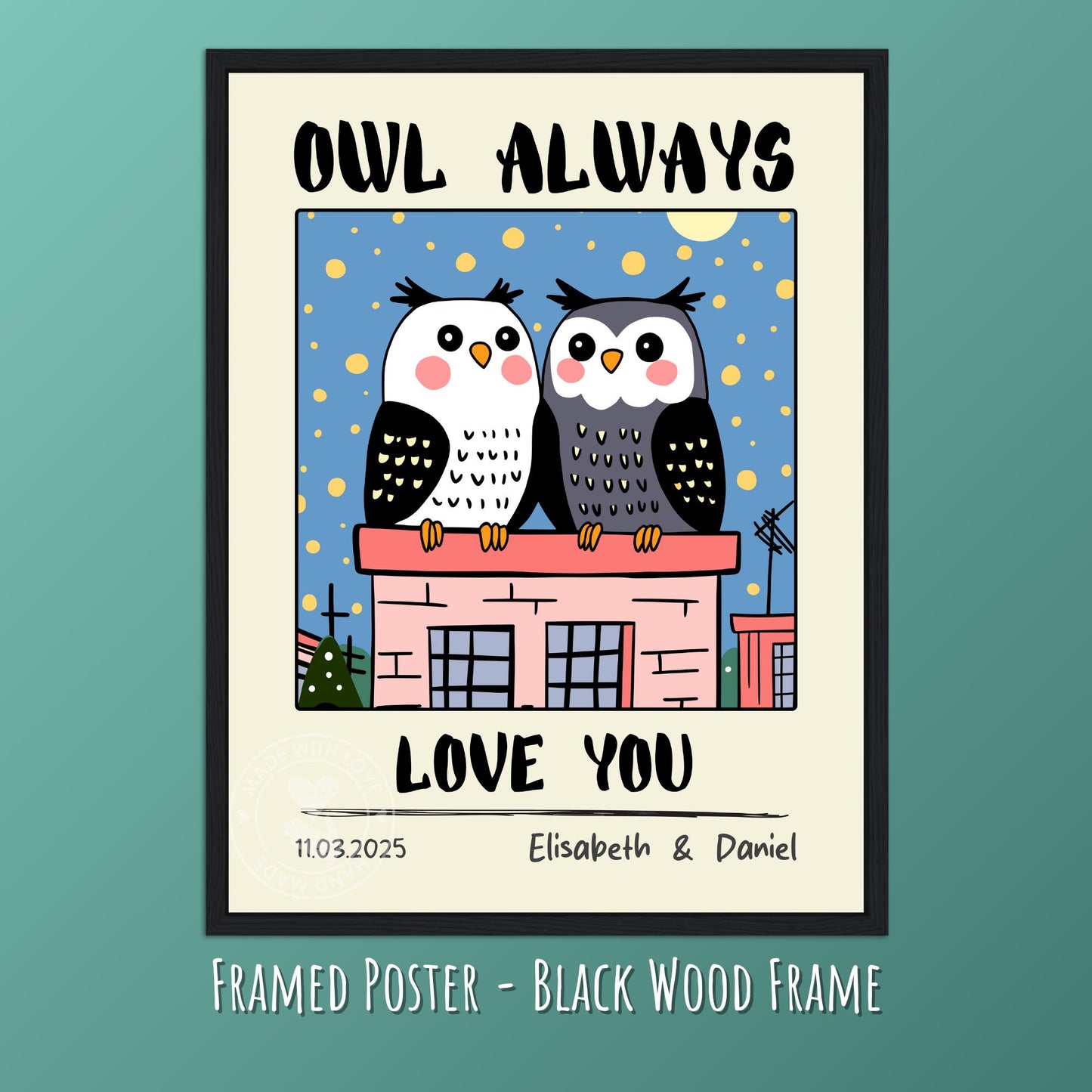 Personalized Owl Couple Print – Custom Retro Art