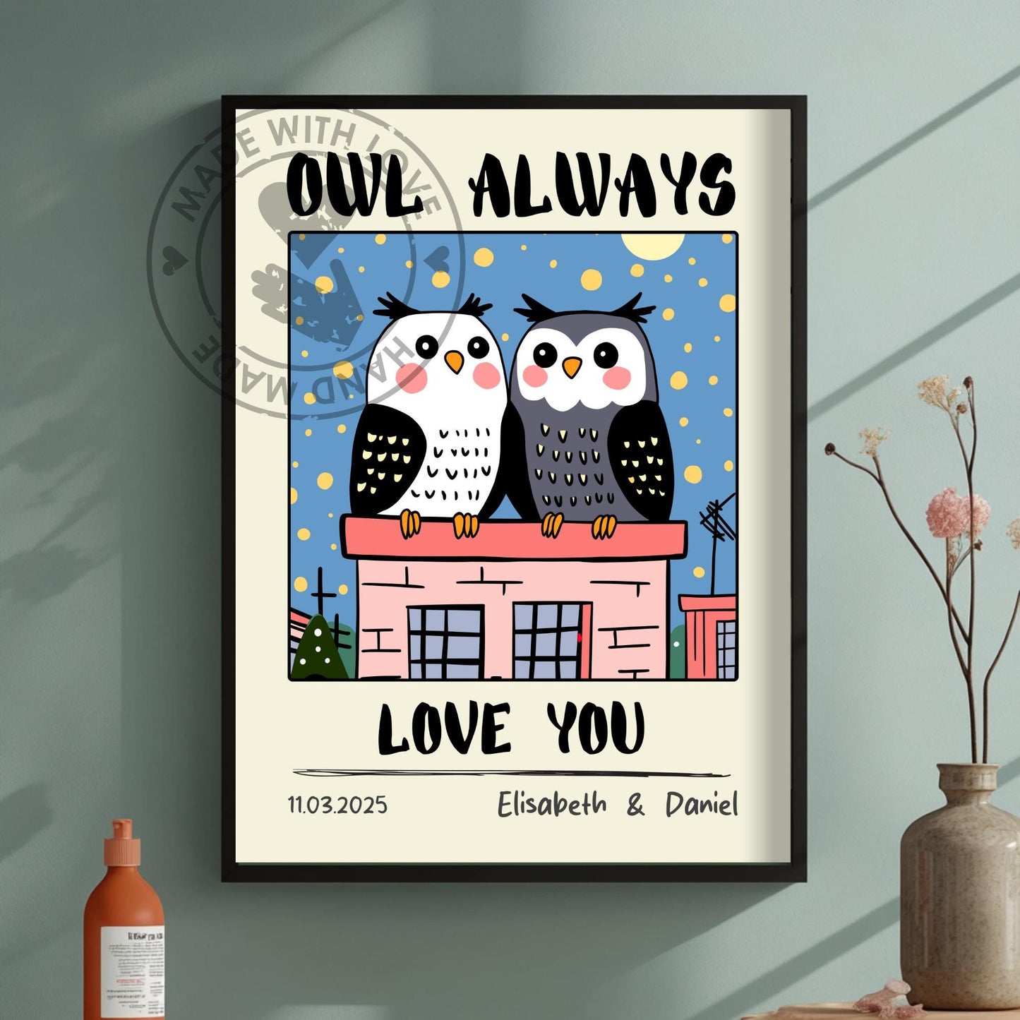 Personalized Owl Couple Print – Custom Retro Art