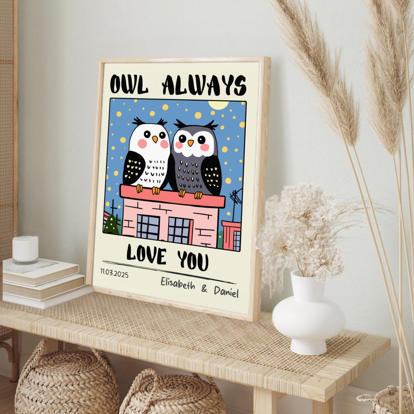 Personalized Owl Couple Print – Custom Retro Art