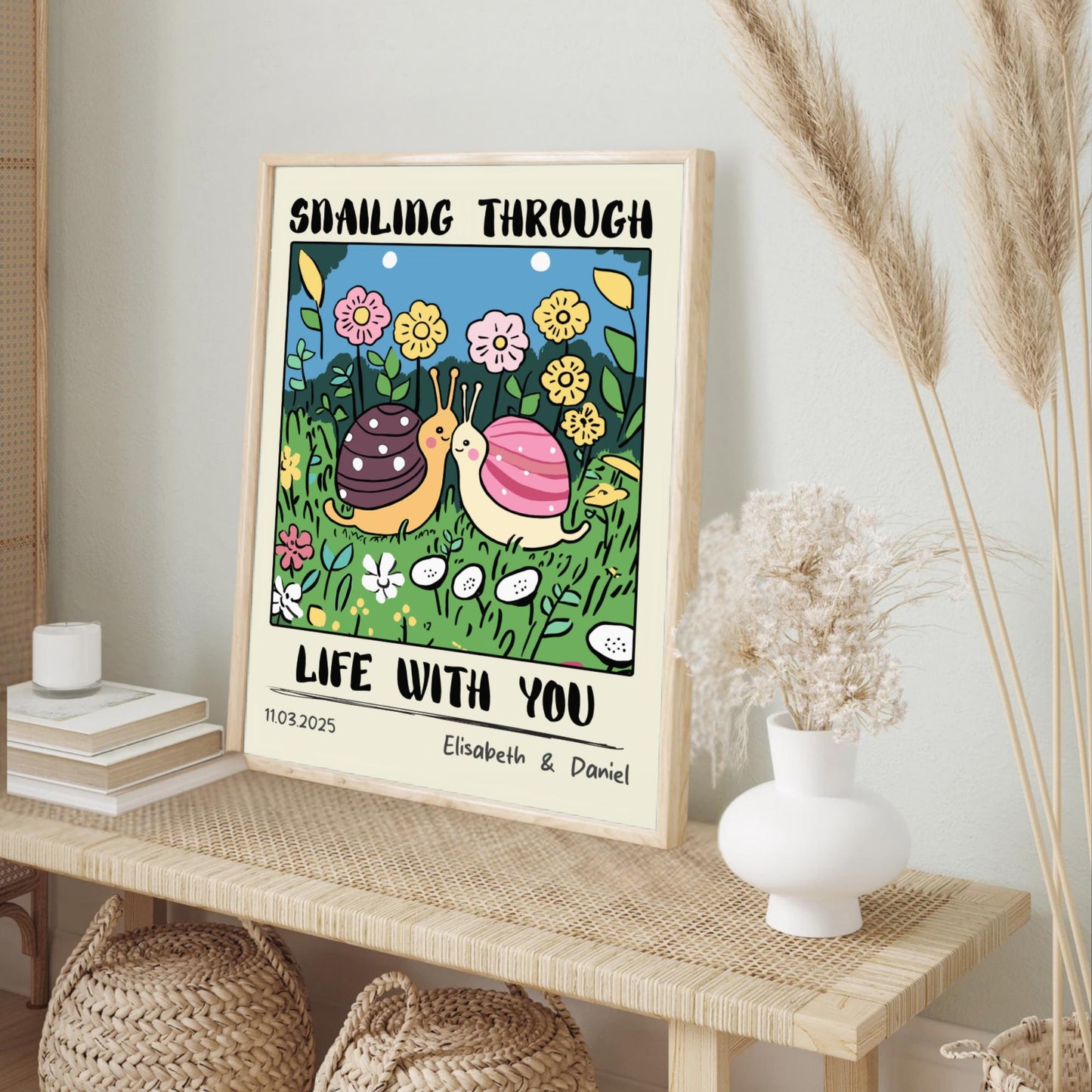 Custom Snail Couple Portrait – Personalized Retro Art Print