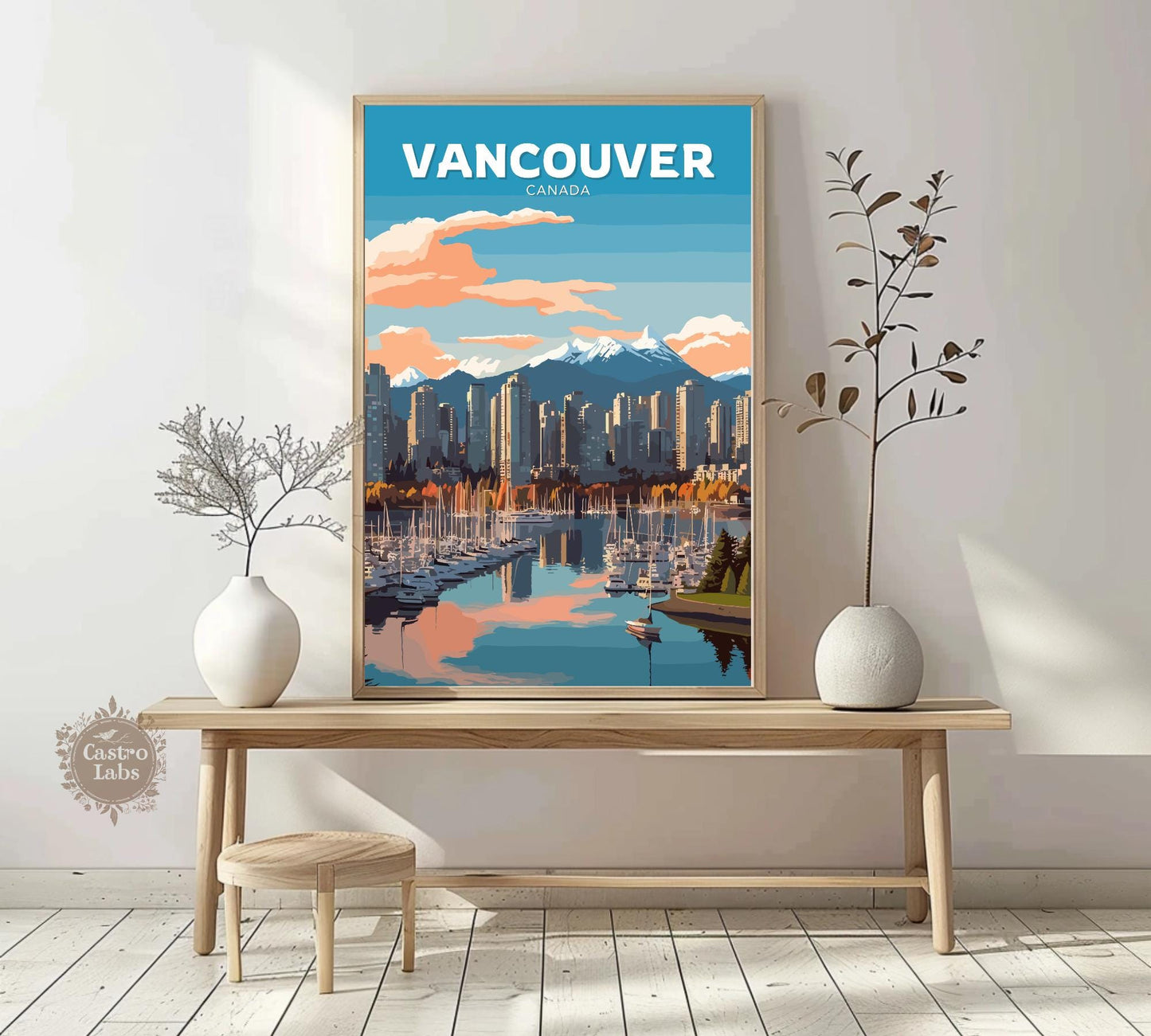 Vancouver Skyline Travel Poster, Vancouver Cityscape Wall Art, Vancouver Photo Print, Canada Artwork, Home Décor, Vancouver Poster