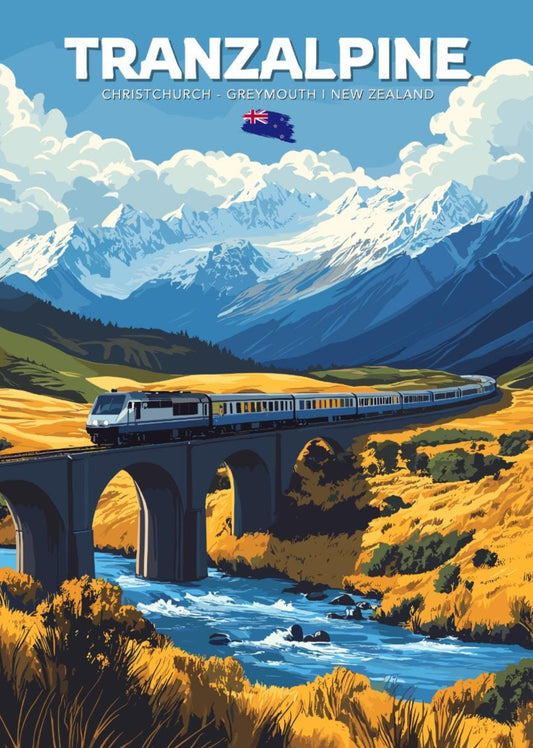 TranzAlpine Travel Poster, TranzAlpine Railway Art, Scenic Train Rides Art, Train Poster, Christchurch Art, Greymouth Art, New Zealand Art
