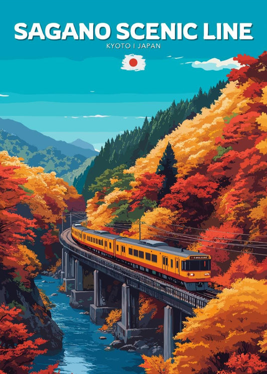 Sagano Scenic Line Travel Poster, Sagano Scenic Railway Art, Scenic Train Rides Art, Train Poster, Kyoto Poster, Japan Railway Poster, Japan