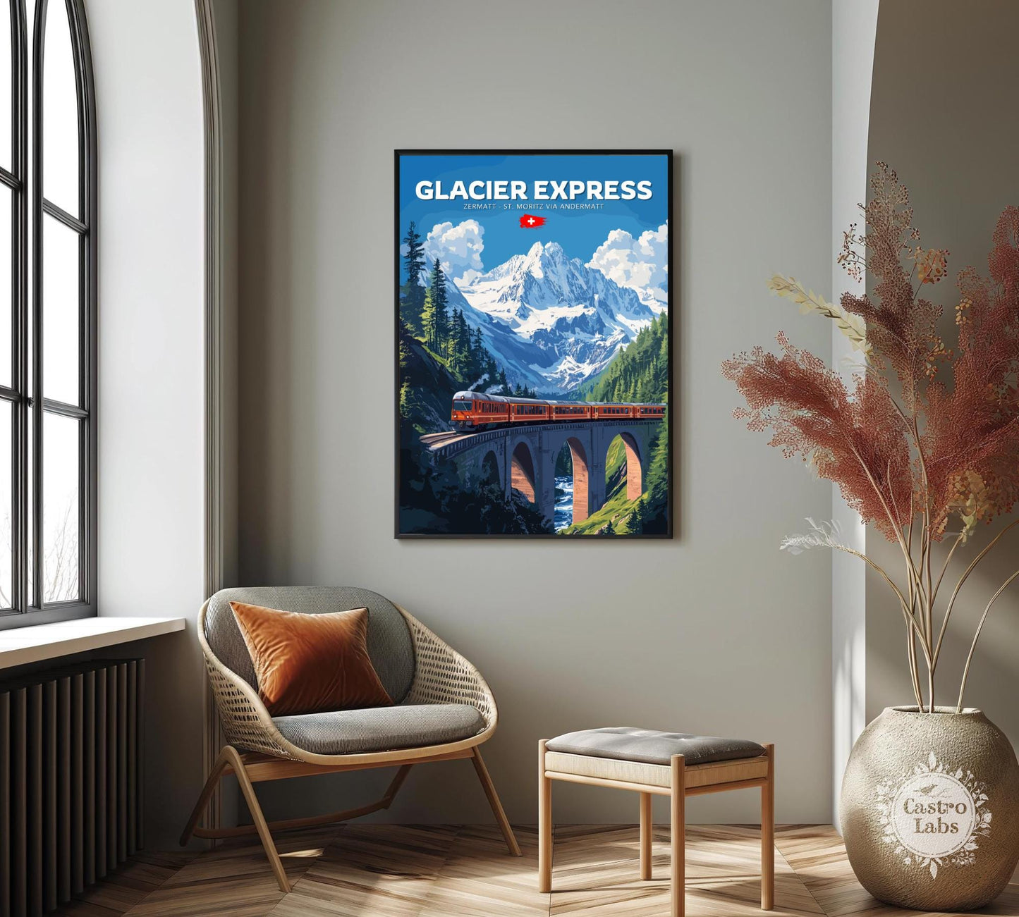 Glacier Express Travel Poster, Glacier Express Railway Art, Scenic Train Rides Art, Train Poster, Zermatt - St. Moritz via Andermatt Route