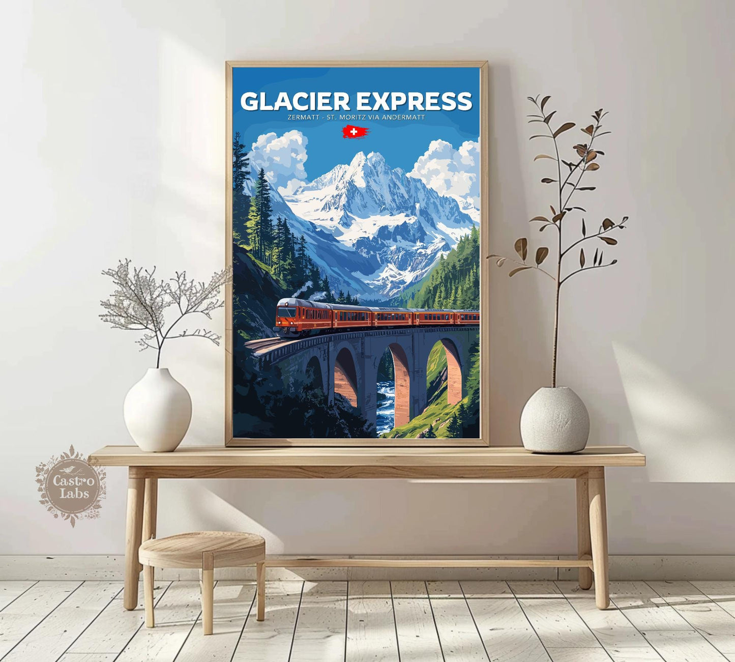Glacier Express Travel Poster, Glacier Express Railway Art, Scenic Train Rides Art, Train Poster, Zermatt - St. Moritz via Andermatt Route