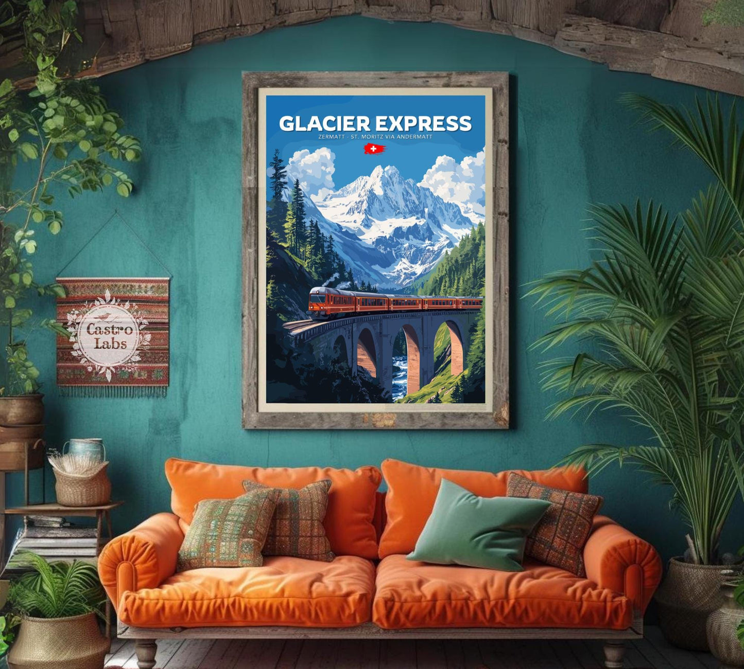 Glacier Express Travel Poster, Glacier Express Railway Art, Scenic Train Rides Art, Train Poster, Zermatt - St. Moritz via Andermatt Route