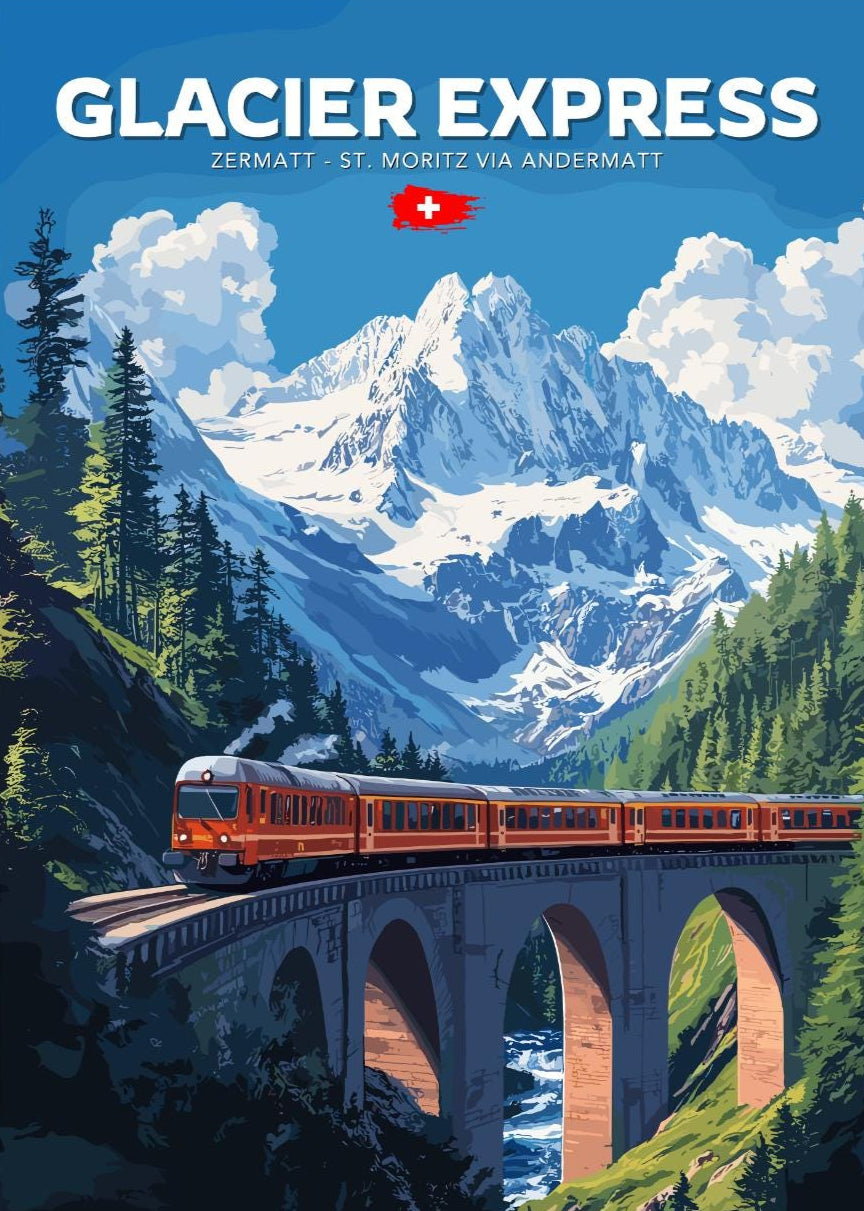 Glacier Express Travel Poster, Glacier Express Railway Art, Scenic Train Rides Art, Train Poster, Zermatt - St. Moritz via Andermatt Route