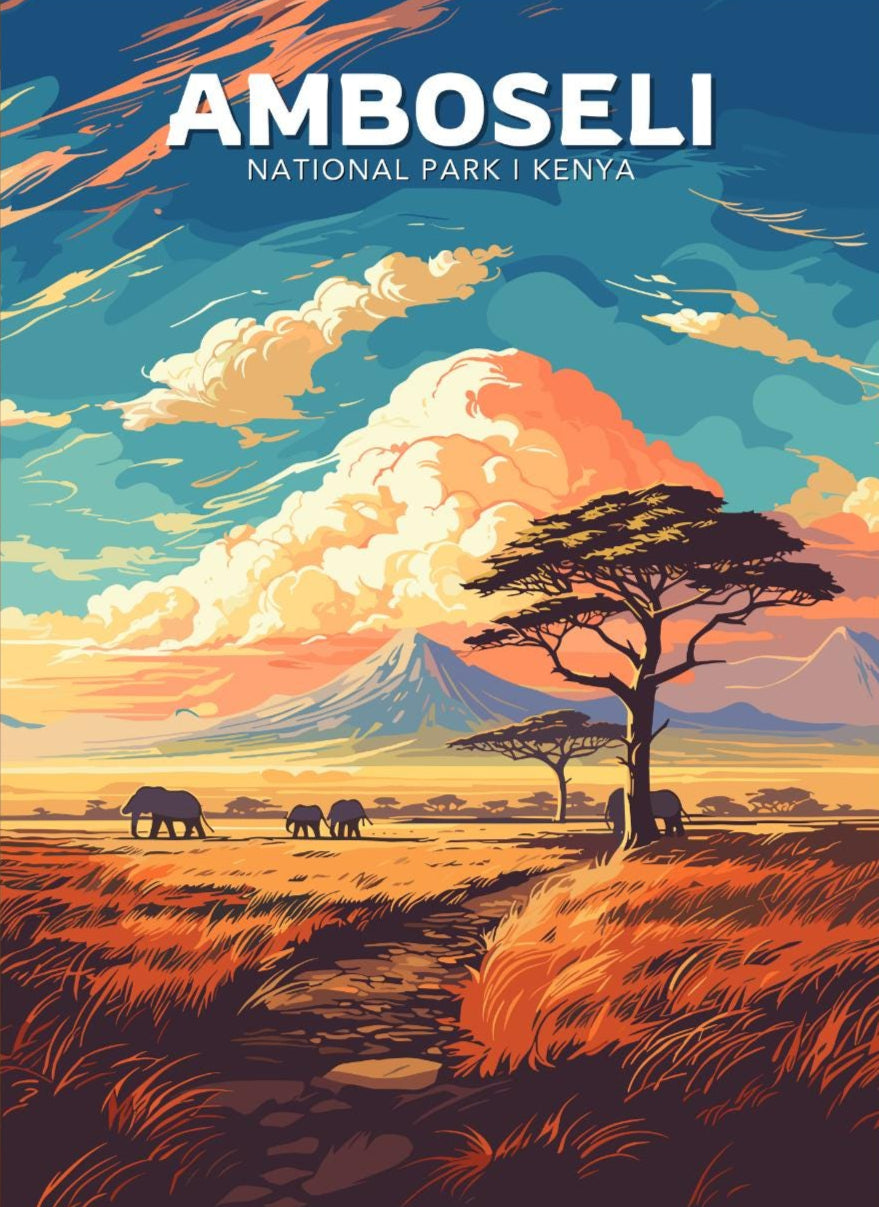 Amboseli Travel Poster, Amboseli National Park Poster, Amboseli Park, Kenya National Park Poster, Home Décor, Kenya Poster, Kilimanjaro Art