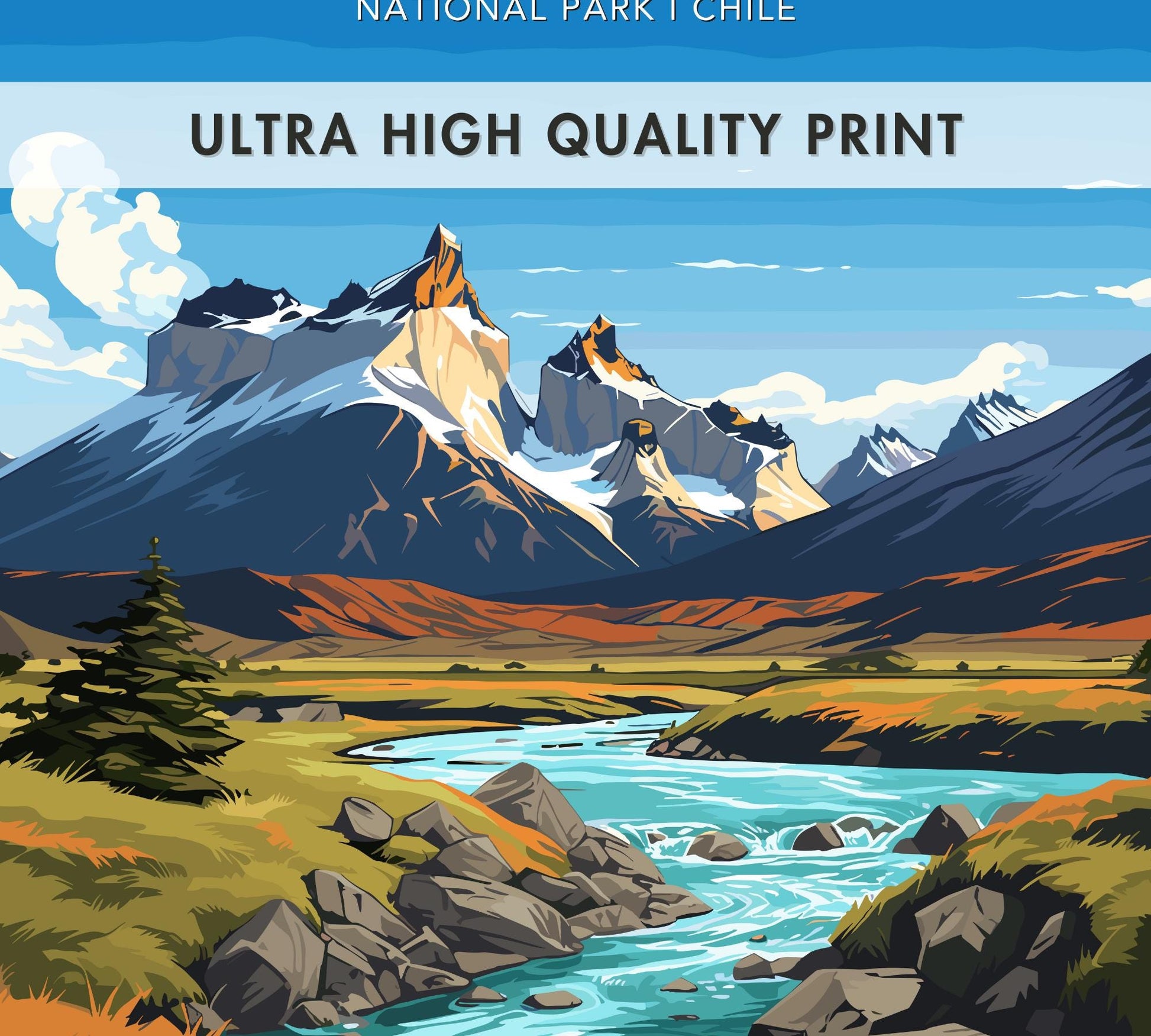 Torres del Paine Travel Poster,  Torres del Paine National Park Art, Torres del Paine Park, Chile National Park, Home Décor, Patagonia Print