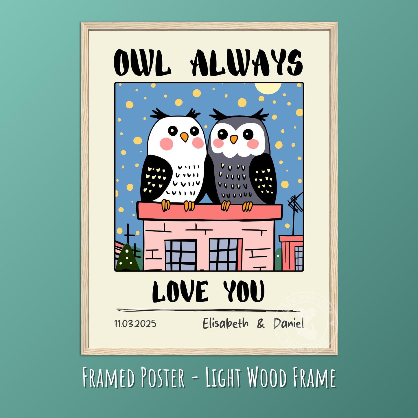Personalized Owl Couple Print – Custom Retro Art