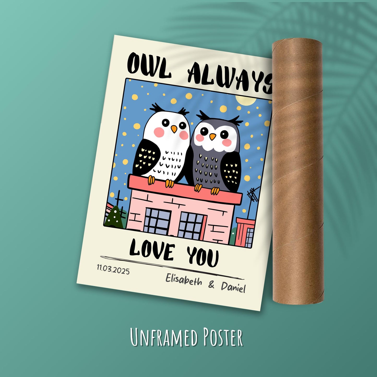 Personalized Owl Couple Print – Custom Retro Art