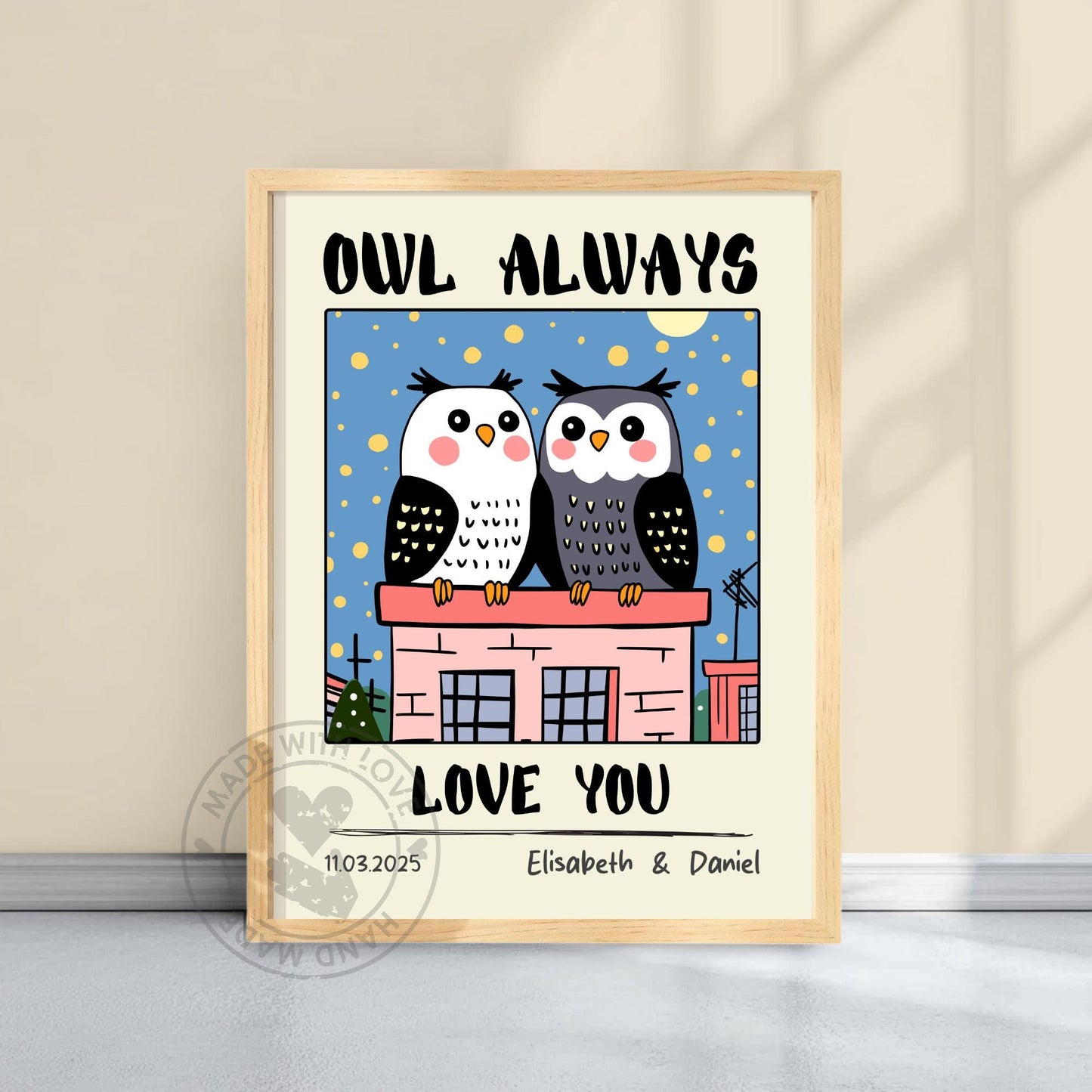 Personalized Owl Couple Print – Custom Retro Art