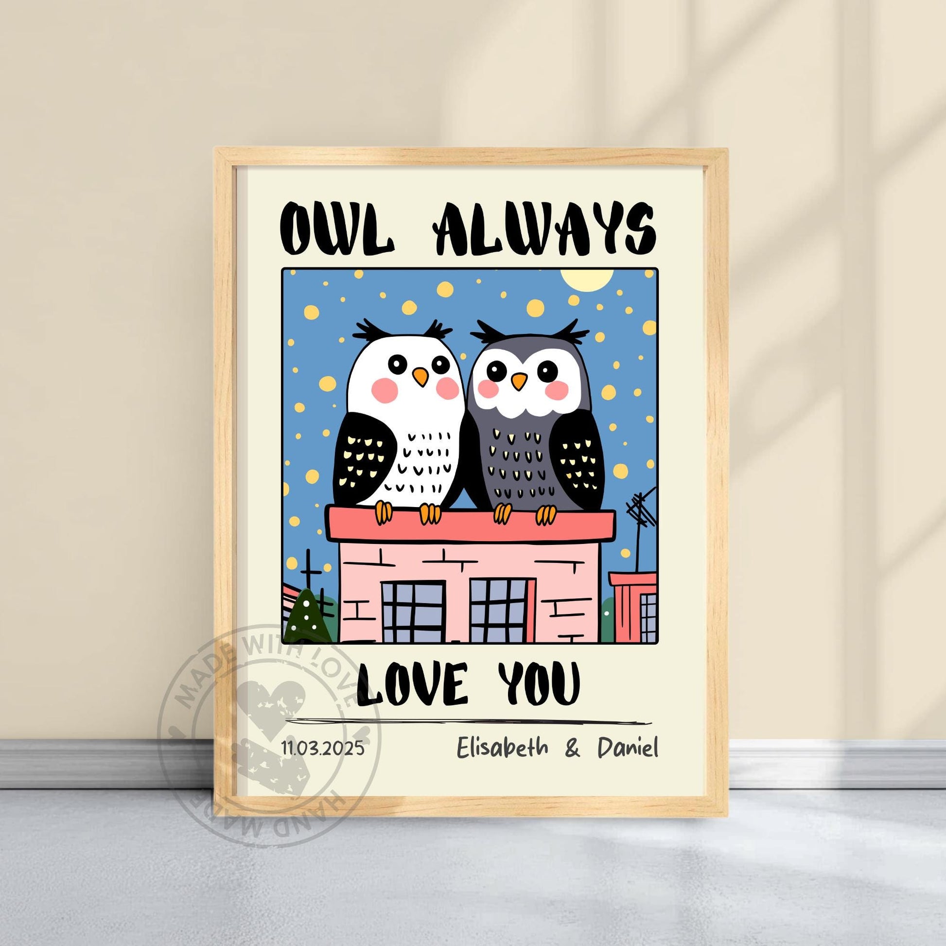 Personalized Owl Couple Print – Custom Retro Art
